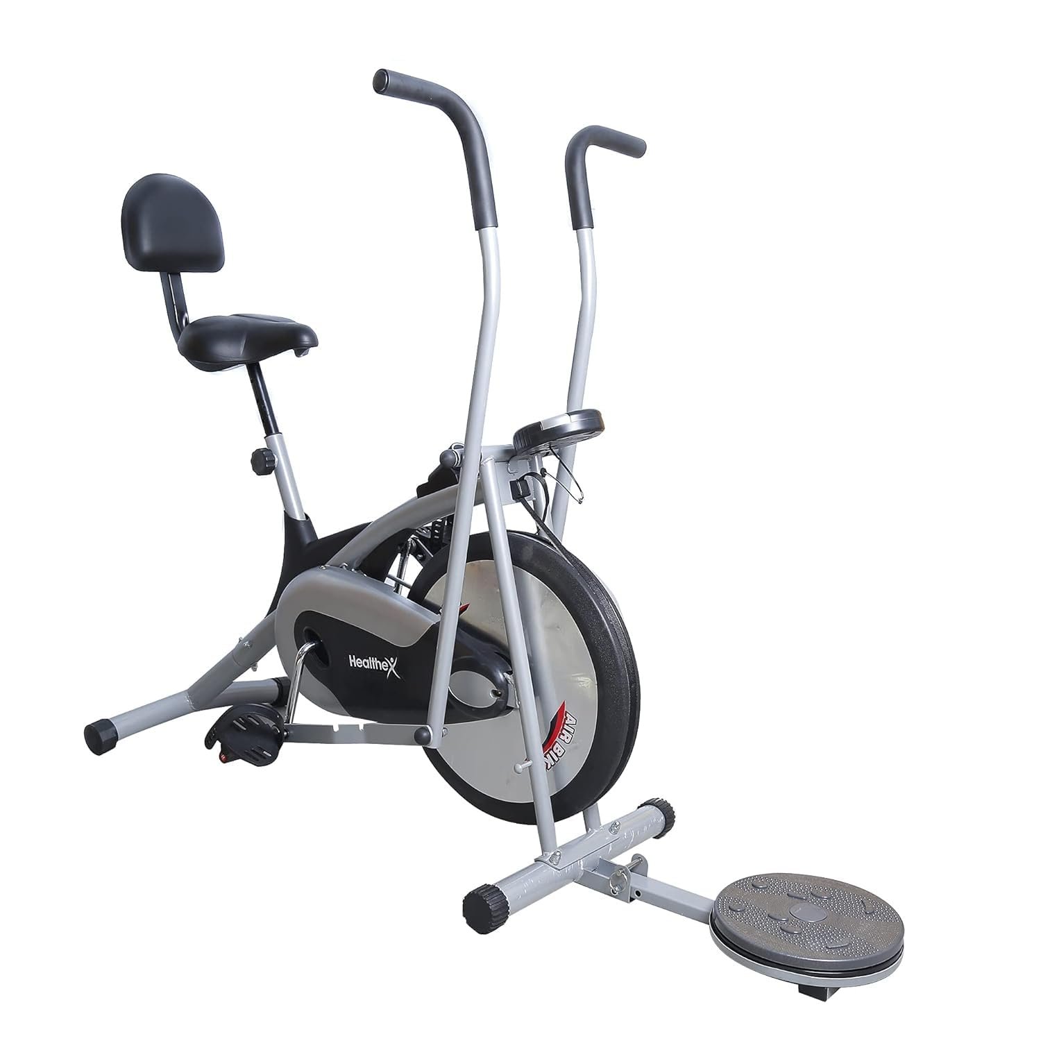 Healthex Air Bike Exercise Cycle For Home Gym With Stationary Handles Cardio Machine for Weight Loss at Home Platinum BT With Chain Driven (Black/Silver)