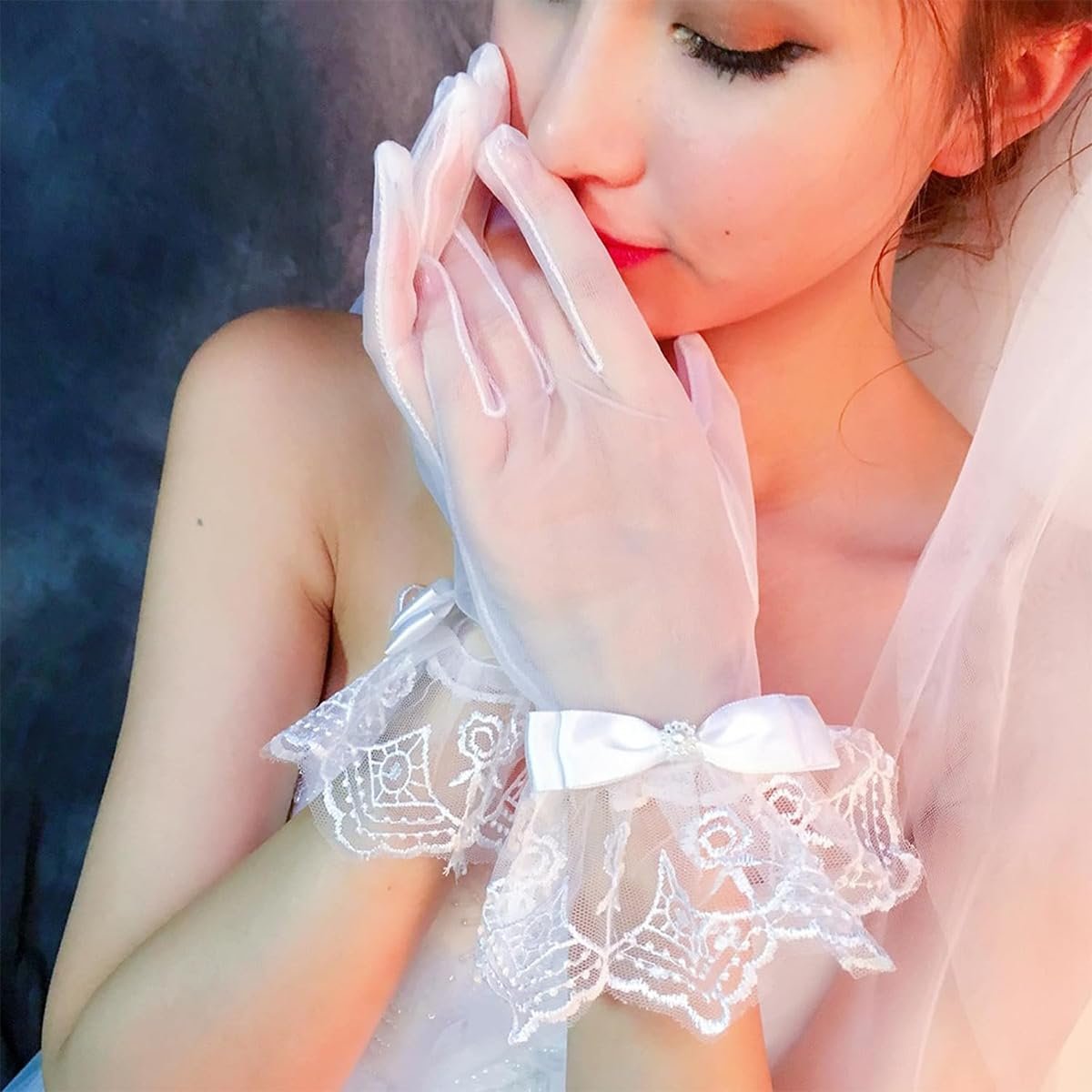 YUPPIN Women’s White Lace Mesh Bridal Accessory with Satin Bow & Pearl Detailing | Elegant Wedding & Party accessory - Image 5