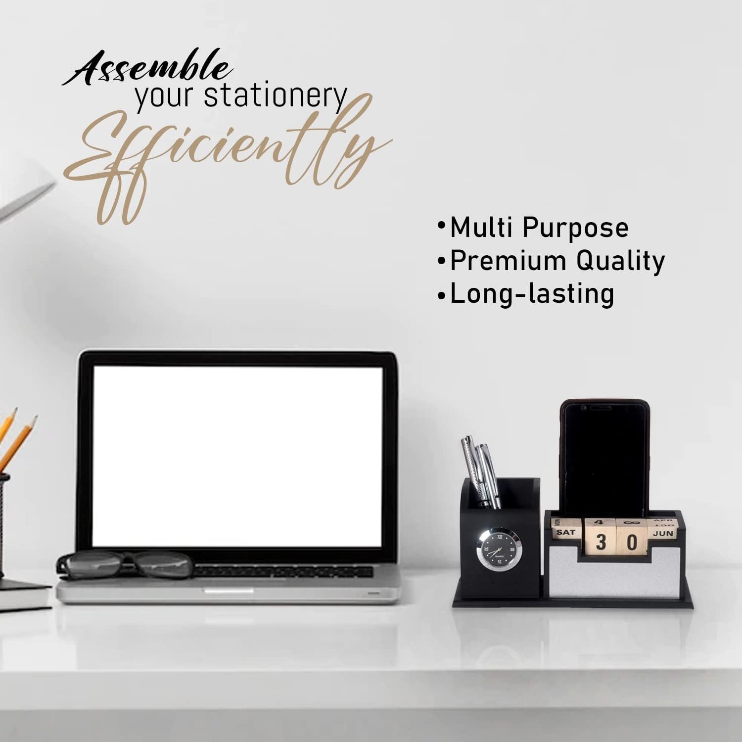 SHIVOM CRAFTS Pen Stand For Office Table, Desk Organizer With Wooden Calendar, Pen Stand, Mobile Holder For Home And Office - Customized Personalized Gift/Get Name Printed (Silver, Stationery) - Image 2