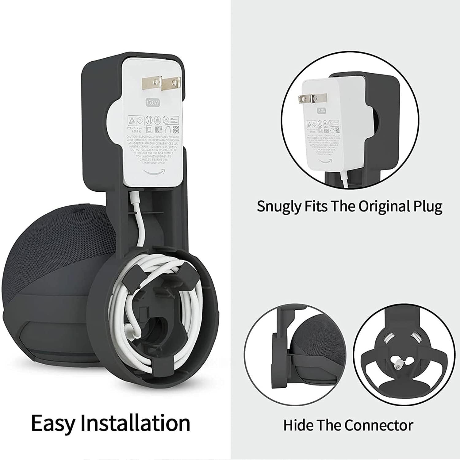 Saifsmart Outlet Wall Mount Hanger Holder Stand Accessories Case Built-in Plug Cable Management for Echo Dot 4th Gen/Echo Dot 5th Gen Smart Speaker (Black) - Image 2