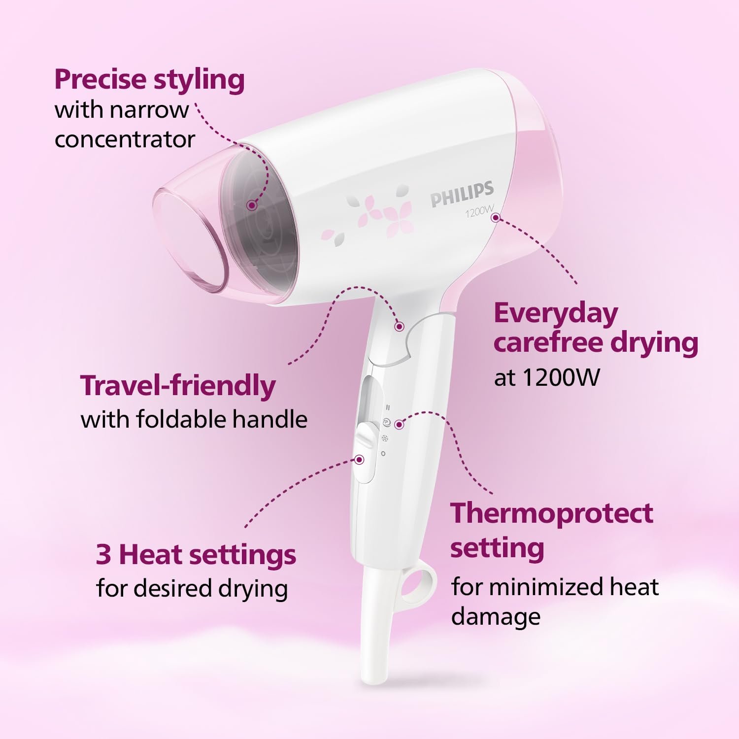 Philips Foldable Hair Dryer 1200 Watts| 3 Heat Settings with Cool Shot (Hot/Cool/Warm) | ThermoProtect Technology | HP8120/00 - Pink | Perfect Blow Dry & Style | 2 years Warranty - Image 3