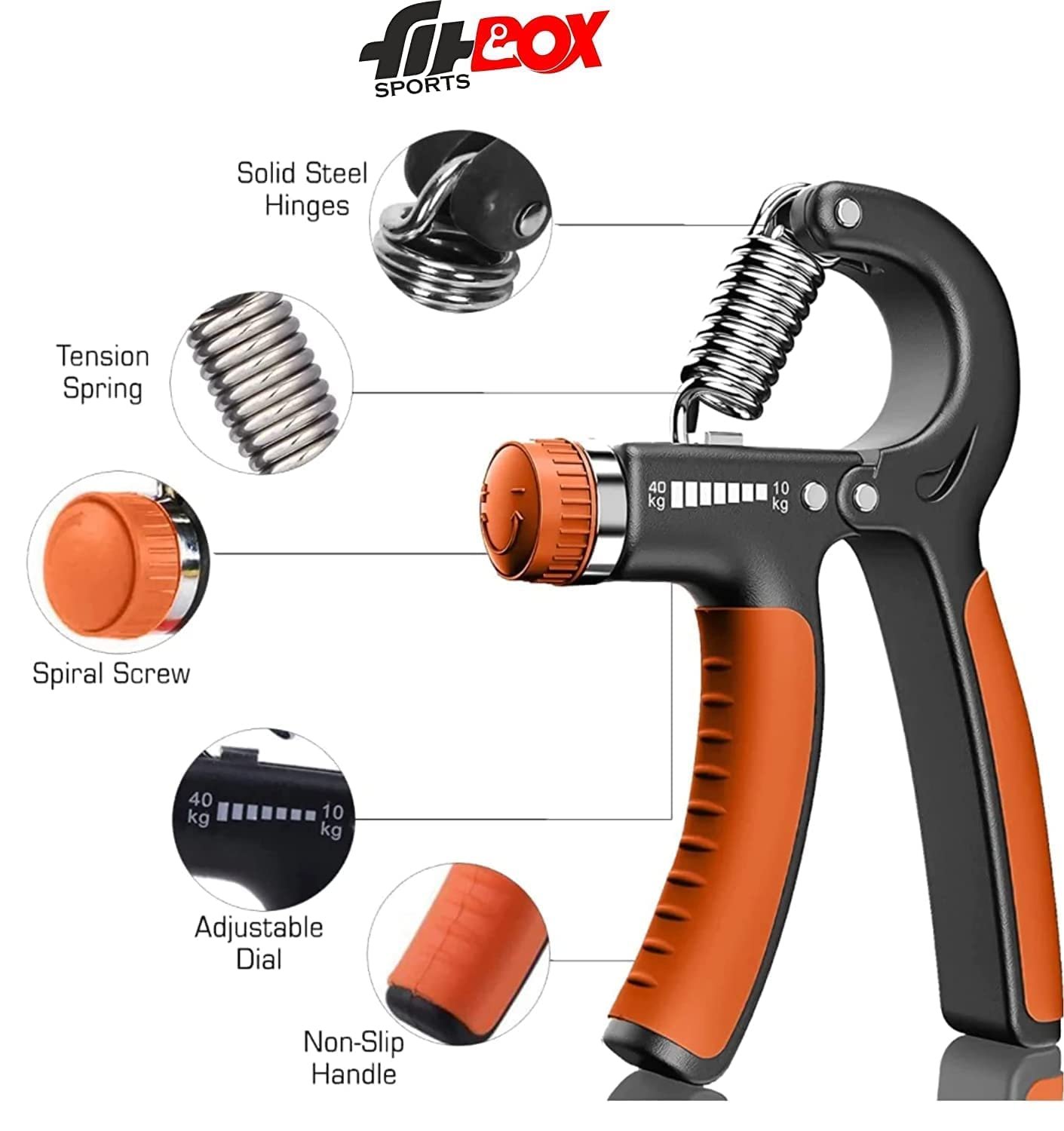 FitBox Sports Adjustable Hand Grip Strengthener (10kg - 40kg) Finger Excerciser, Plastic Hand Gripper For Men & Women, Balck & Orange - Image 2