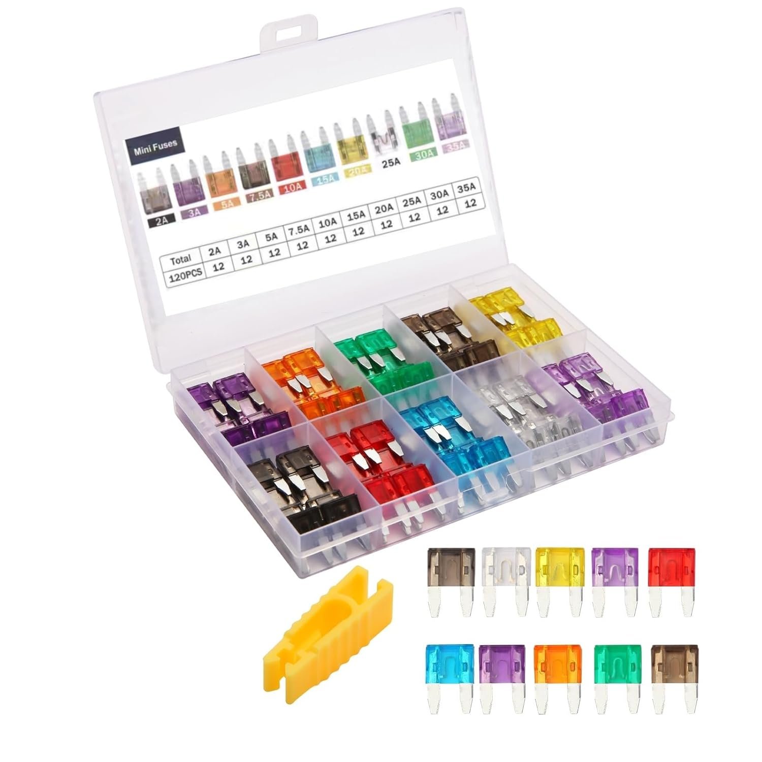 Xfopz 120Pcs Fuse Assortment Kit, Car Boat Truck SUV Auto Automotive Assorted Replacement Blade Mini Fuses -2A 3A 5A 7.5A 10A 15A 20A 25A 30A 35A with Fuse Puller (120)