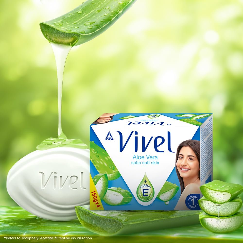 Vivel Aloe Vera Grade 1 Bathing Soap with Vitamin E for Soft Glowing skin, 600g (150g - Pack of 4), Soap for Women & Men, For All Skin Types - Image 3