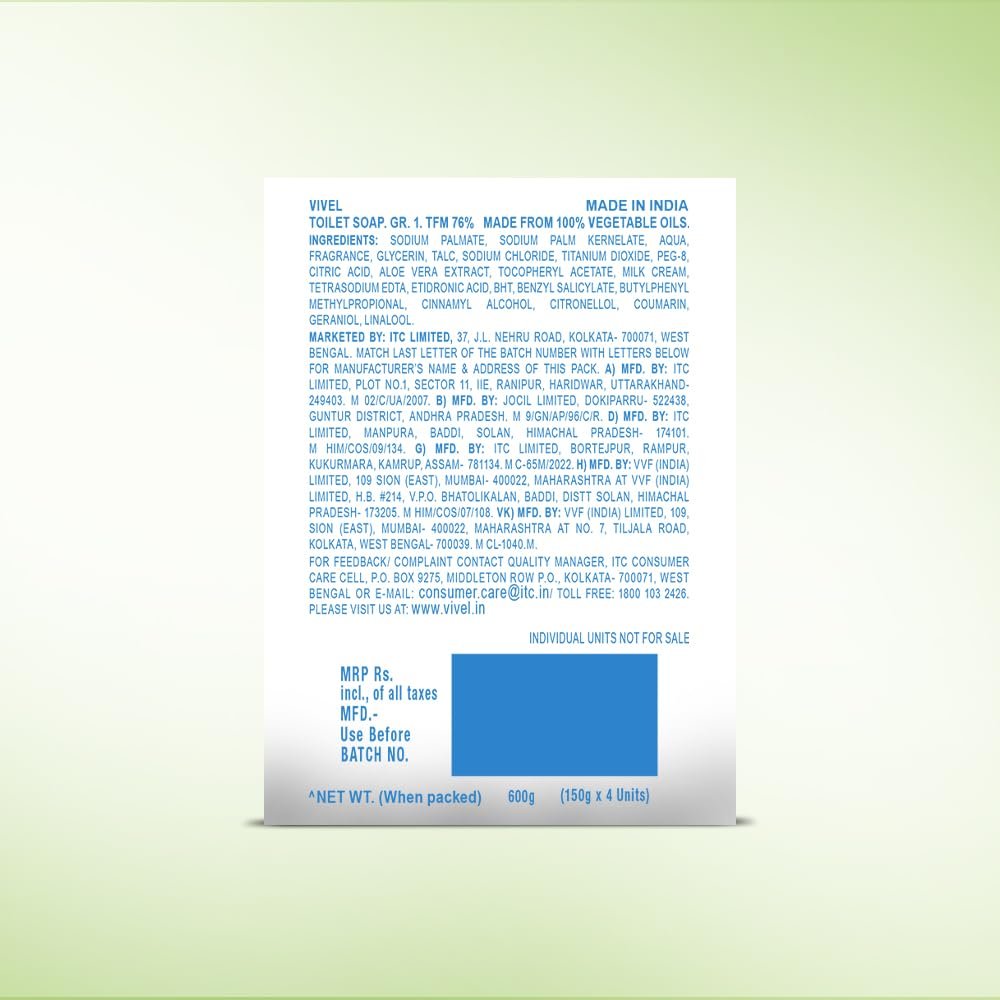 Vivel Aloe Vera Grade 1 Bathing Soap with Vitamin E for Soft Glowing skin, 600g (150g - Pack of 4), Soap for Women & Men, For All Skin Types - Image 9