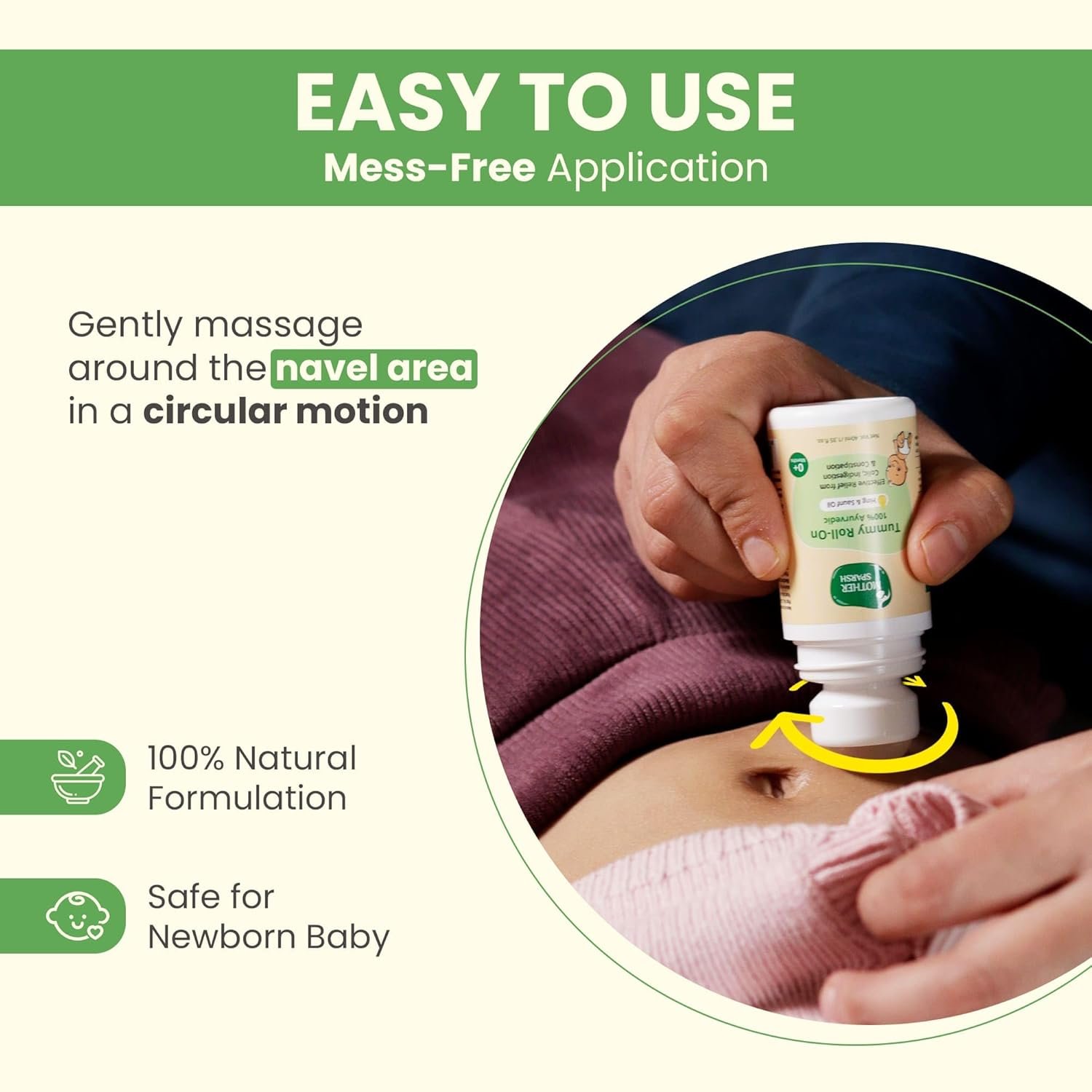 Mother Sparsh Tummy Roll On For Baby, Colic Relief, Constipation and Indigestion With Hing & Saunf | 100% Ayurvedic - 40ml - Image 5