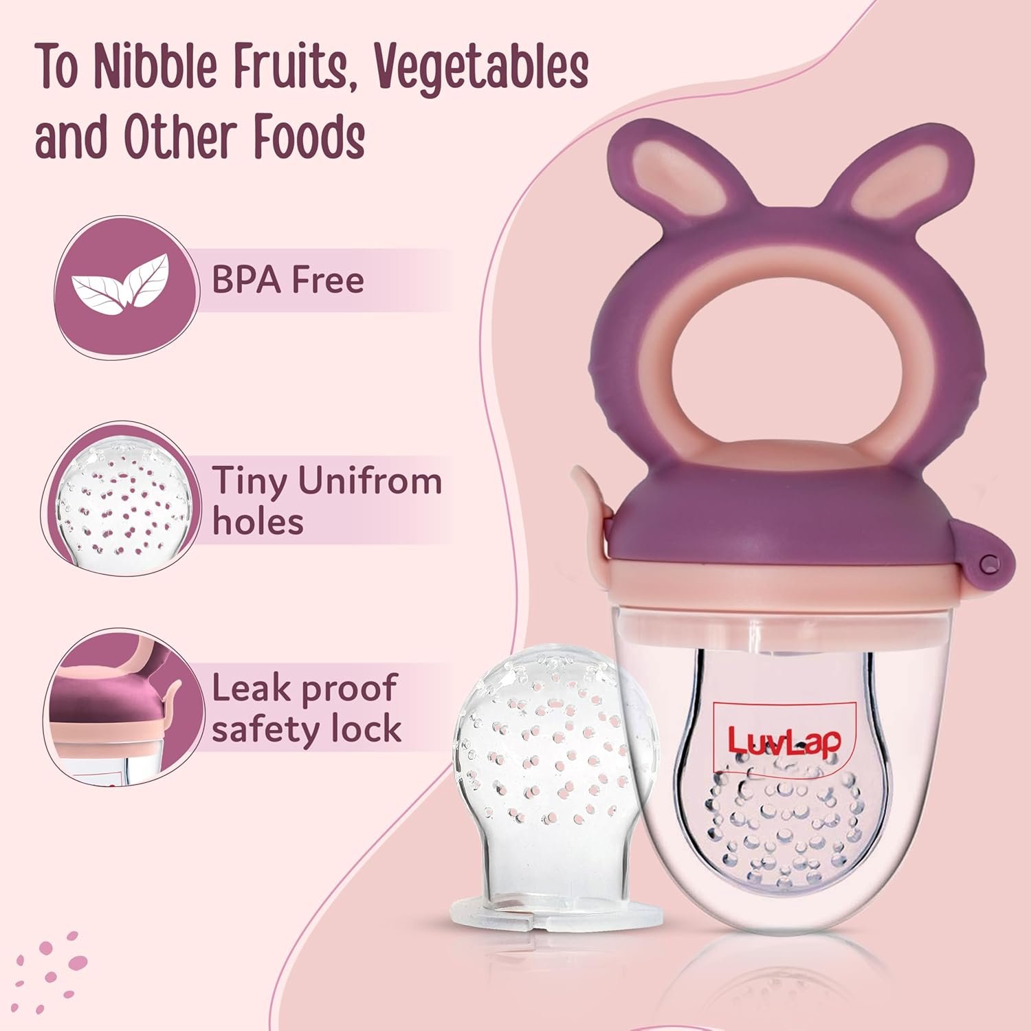 LuvLap Silicone Food/Fruit Nibbler with Extra Mesh, Soft Pacifier/Feeder, Teether for Baby, Infant, Bunny Violet & Pink - Image 2