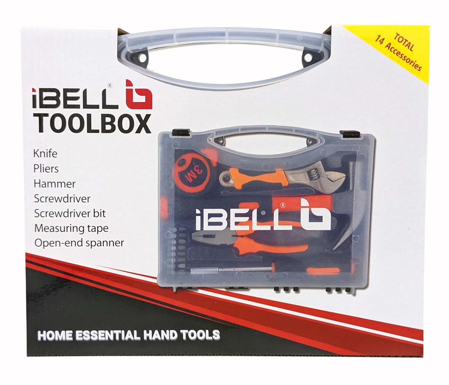 IBELL HT17-30 Hand Tool Kit (14 Pieces) | DIY & Household Repair Set with Screwdriver, Claw Hammer, Plier, Wrench, Knife, Measuring Tape & Bits | Durable Steel Tools in Hard Carry Case - Image 4