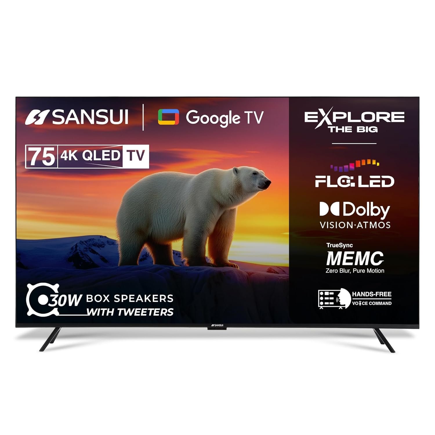 SANSUI 190 cm (75inch) 4K HDR Smart Google |HDR10+, HSR 120 Hz with Dolby Vision, Dolby Atmos & 30W Box Speaker QLED TV JSW75UG23QF (Midnight Black) - Image 2