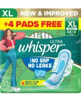 Whisper Ultra Upto No Gap No Leaks Sanitary Pads, 48 Xl Pads, For Heavy Flow Protection, With Curvewear ¢ Technology, Cotton Like Softness, Disposable Wrapper, Locks Odour & Wetness Whisper Ultra Upto No Gap No Leaks Sanitary Pads, 48 Xl Pads, For Heavy Flow Protection, With Curvewear ¢ Technology, Cotton Like Softness, Disposable Wrapper, Locks Odour & Wetness
