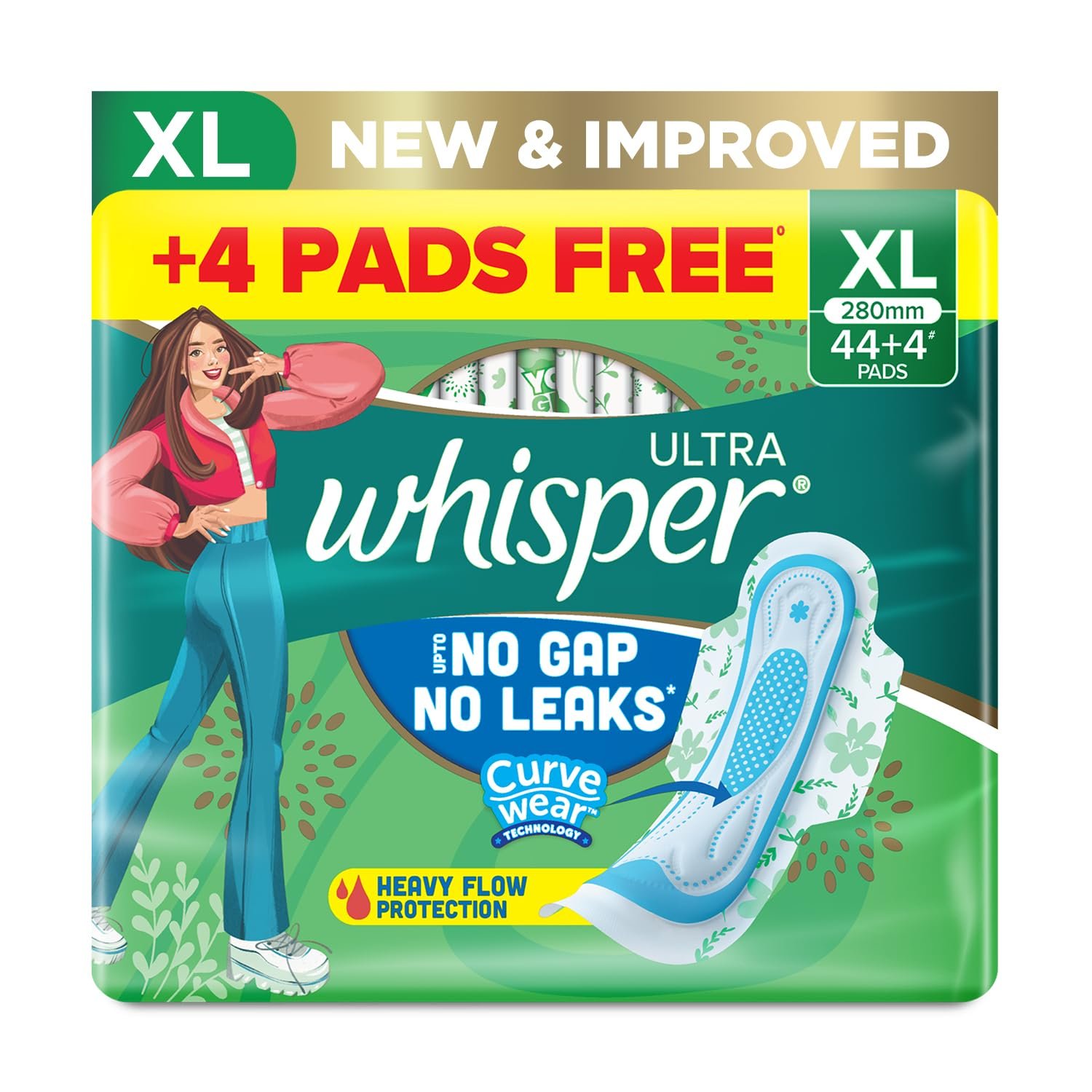 Whisper Ultra Upto No Gap No Leaks Sanitary Pads, 48 Xl Pads, For Heavy Flow Protection, With Curvewear ¢ Technology, Cotton Like Softness, Disposable Wrapper, Locks Odour & Wetness