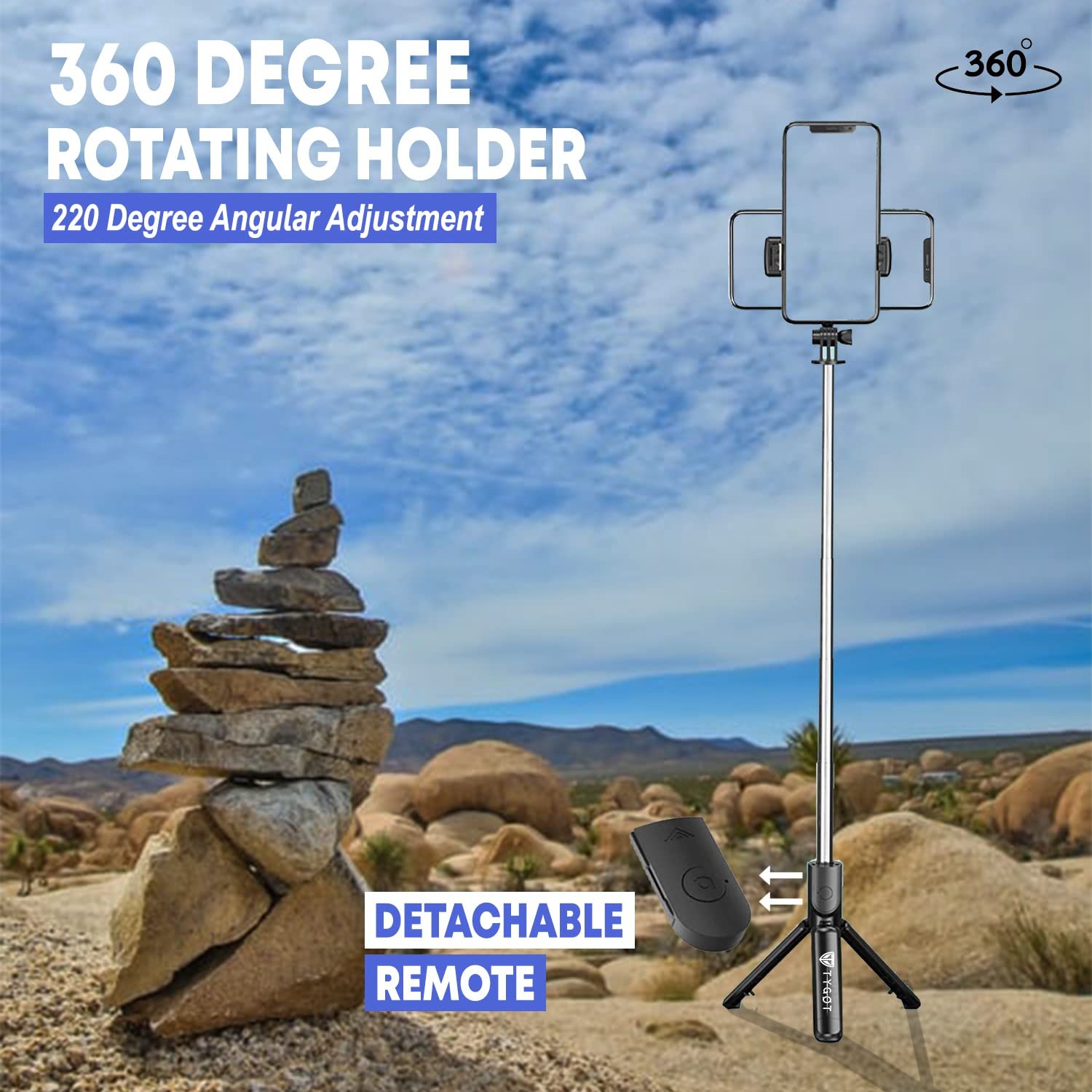 Tygot Bluetooth Extendable Selfie Sticks with Wireless Remote and Tripod Stand, 3-in-1 Multifunctional Selfie Stick with Tripod Stand Compatible with iPhone/OnePlus/Samsung/Oppo/Vivo and All Phones - Image 4