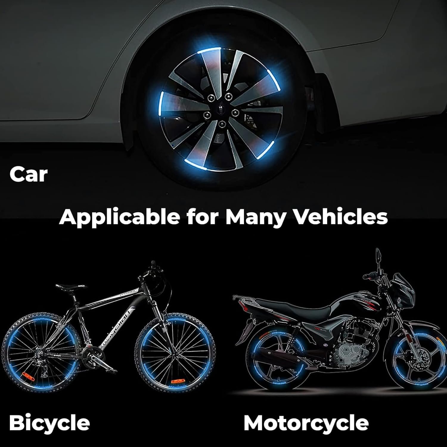 Aksmit 20pcs 3D Reflective Wheel Tire Rim Stripe Sticker for Car Motorcycle Cycling Bike Bicycle Night Safety Tyre Rim Reflective Stripe Universal (Blue) - Image 5