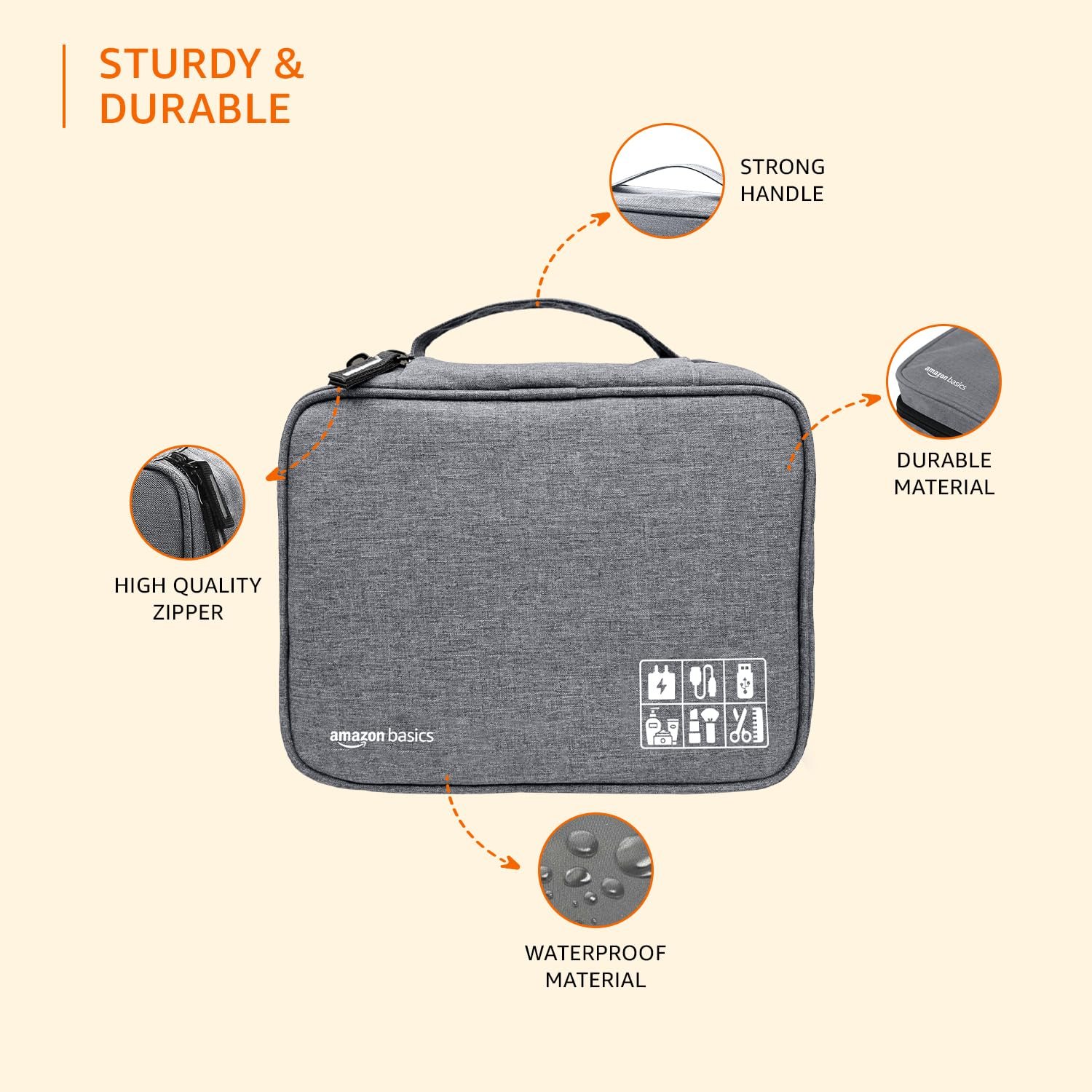 amazon basics Travel Organiser for Electronic Accessories, Flexible Padded Dividers, Waterproof, Foam Padding, for Cables, Chargers, Hard Disk, Power Bank (Grey) - Image 3