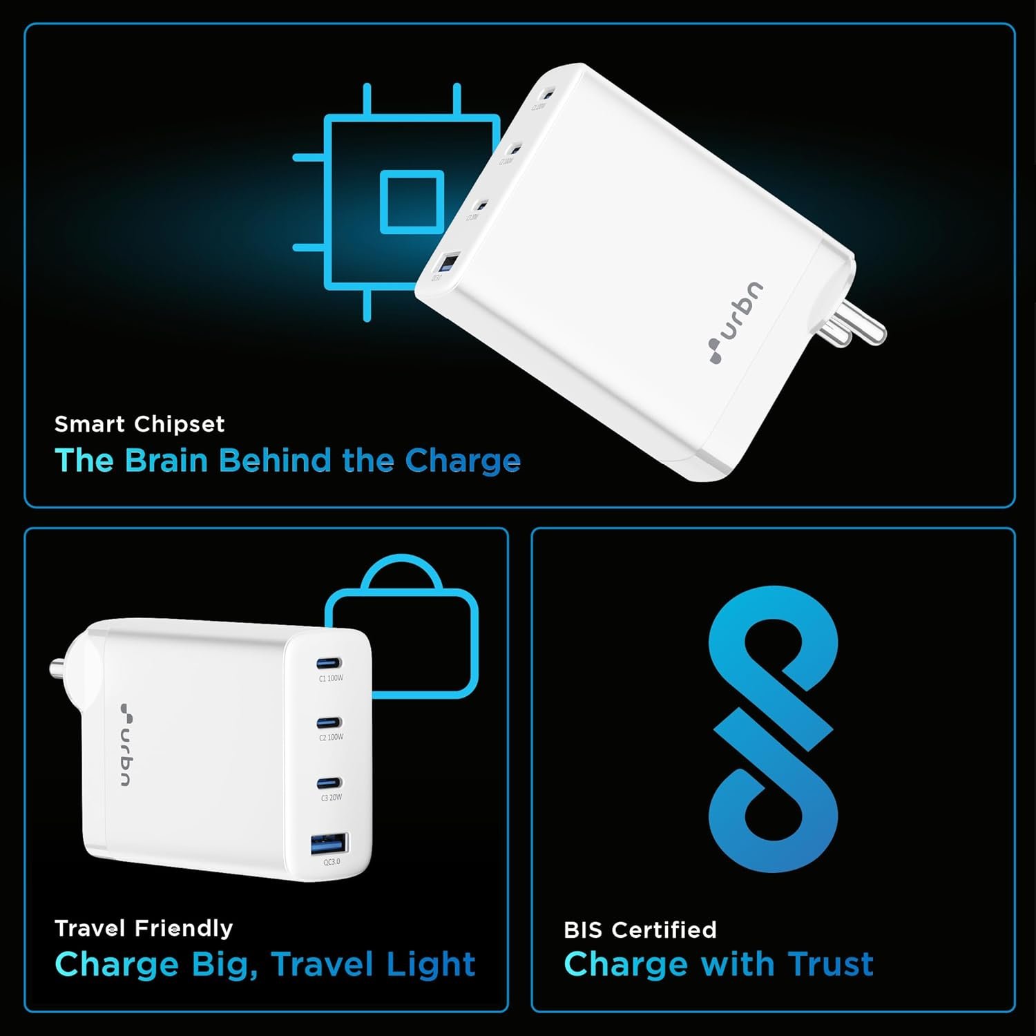URBN 100W GaN Fast Charger | Quad Port (3 Type-C + 1 Type-A) | QC & PD Compatible | Samsung Super Fast Charging 2.0 | 12-Layer Protection | Compact Travel Adapter for Laptop, iPhone, Samsung, MacBook - Image 10