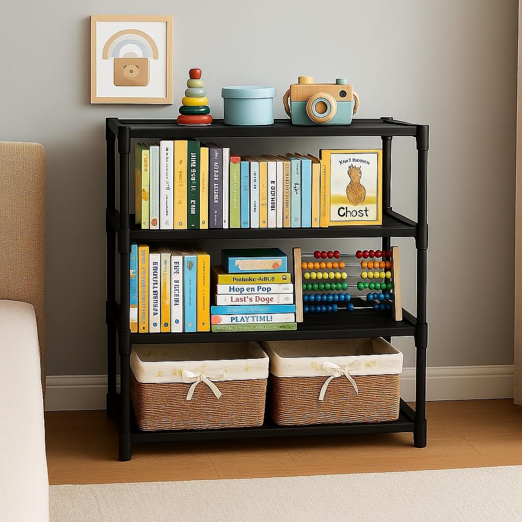 SUBEKYU 4 Tier Book Self Portable Book Shelf, Kids Books Racks for Home Plastic, Bookshelf for Home, Book Shelves, Storage Container, Book Rack for Study Room/Library/Bedroom (Black)