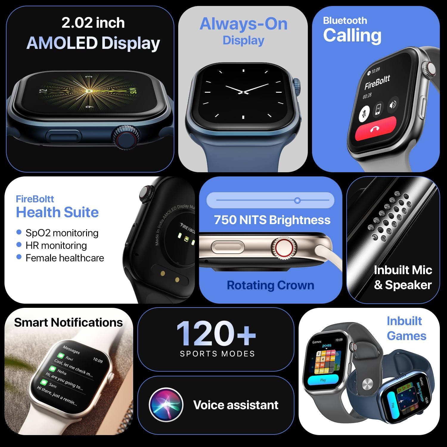 Fire-Boltt Brillia Smart Watch 2.02” AMOLED Display, Bluetooth Calling, SpO2, Heart Rate Monitor, 120+ Sports Modes, Fitness Tracker, Voice Assistant, Smart Watch for Man & Women– Champagne - Image 3