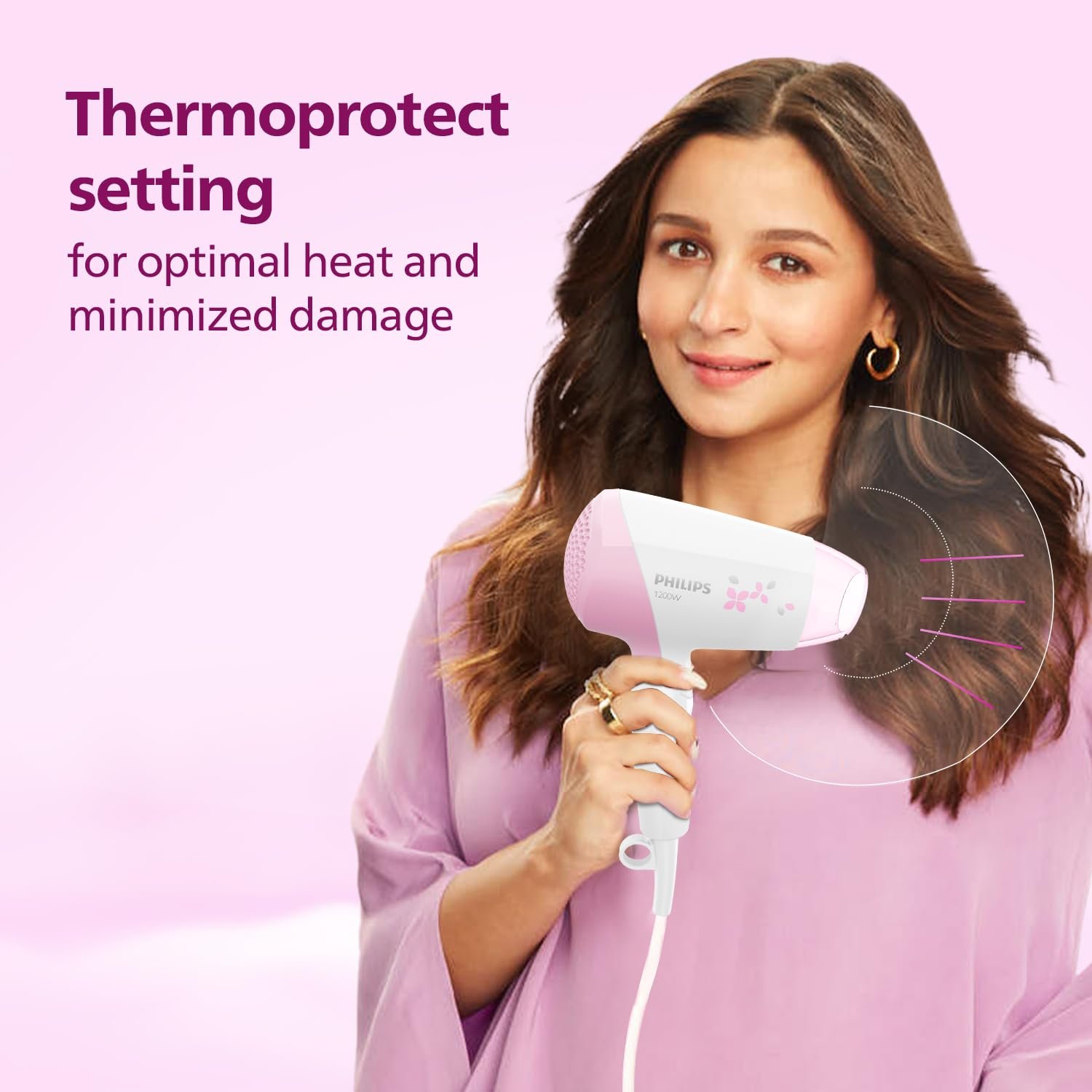 Philips Foldable Hair Dryer 1200 Watts| 3 Heat Settings with Cool Shot (Hot/Cool/Warm) | ThermoProtect Technology | HP8120/00 - Pink | Perfect Blow Dry & Style | 2 years Warranty - Image 4
