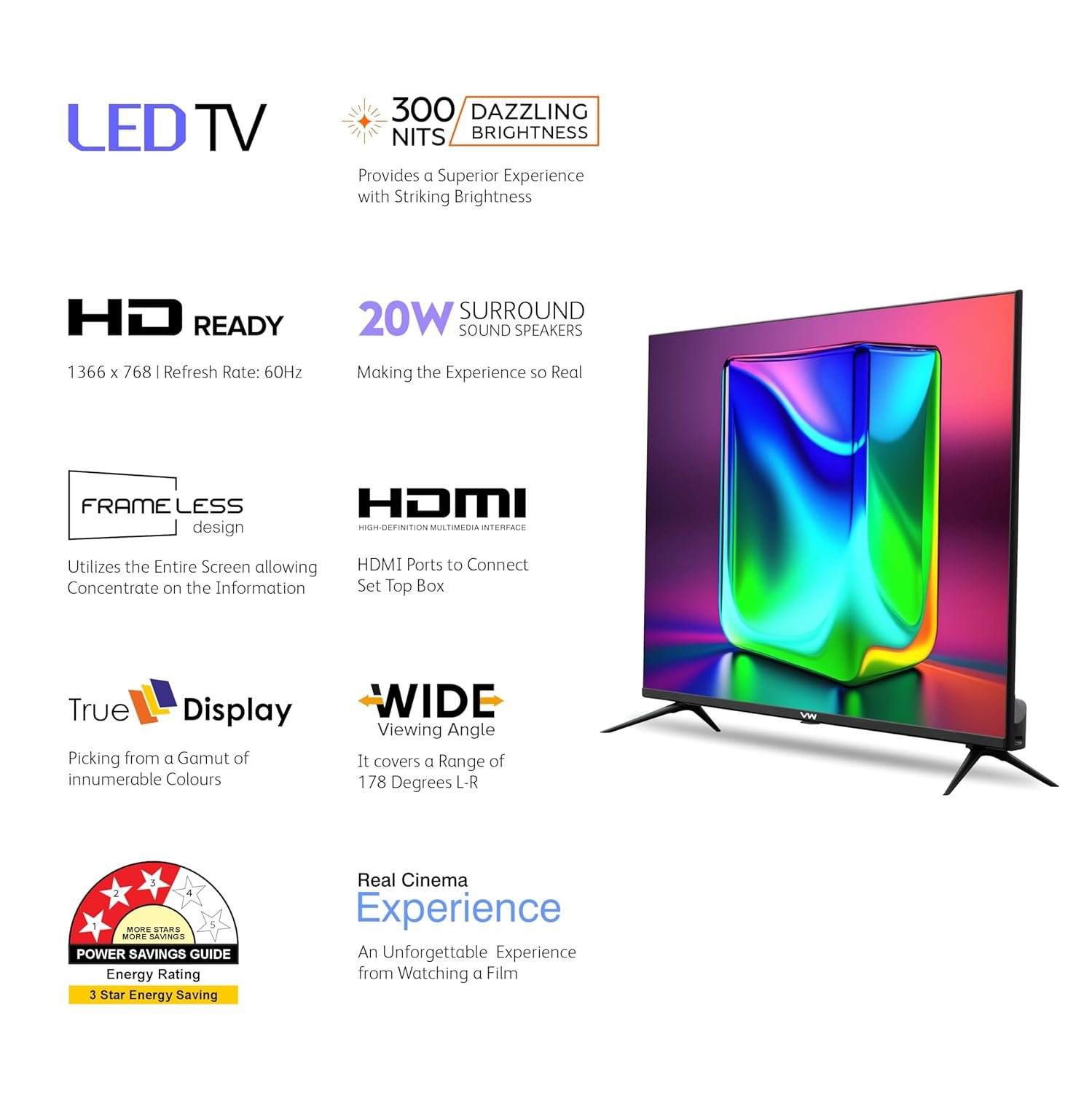 VW 80 cm (32 inches) Frameless Series HD Ready LED TV VW32A (Black) - Image 2