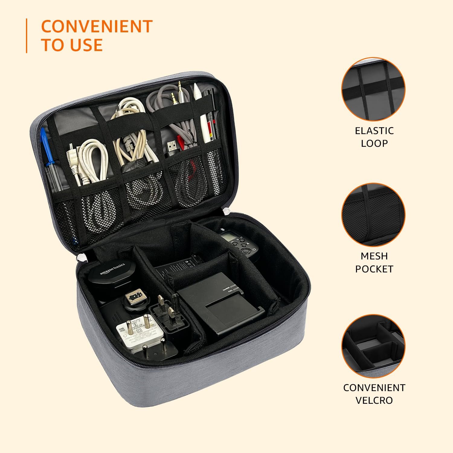 amazon basics Travel Organiser for Electronic Accessories, Flexible Padded Dividers, Waterproof, Foam Padding, for Cables, Chargers, Hard Disk, Power Bank (Grey) - Image 4