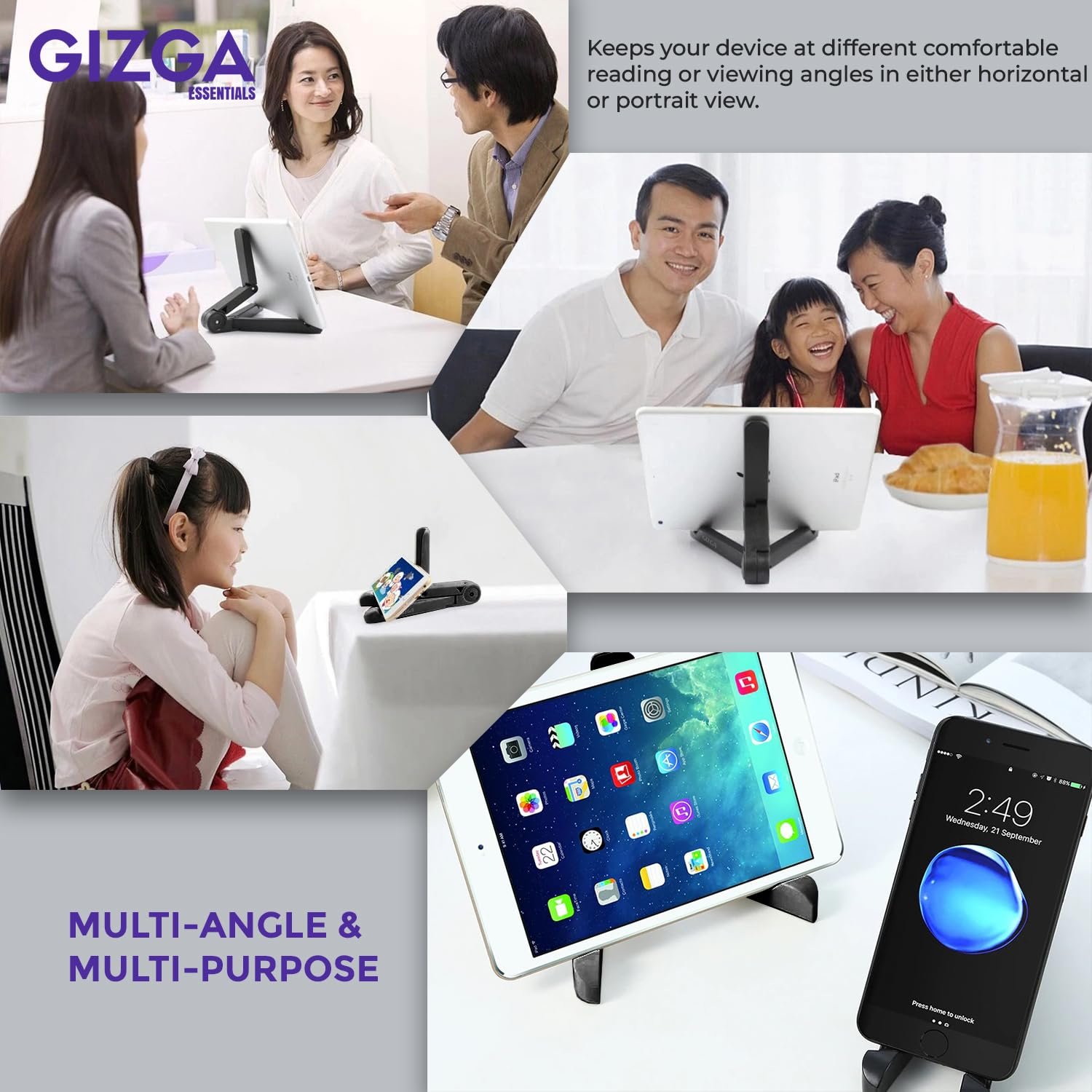 GIZGA essentials Universal Tablet Stand & Mobile Holder| Portable-Foldable, Adjustable Angle, Anti-Slip Pads| Desktop Stand Cradle, Dock for iPad, Smartphone, Kindle, E-Reader, 7-10" Device (Black) - Image 6