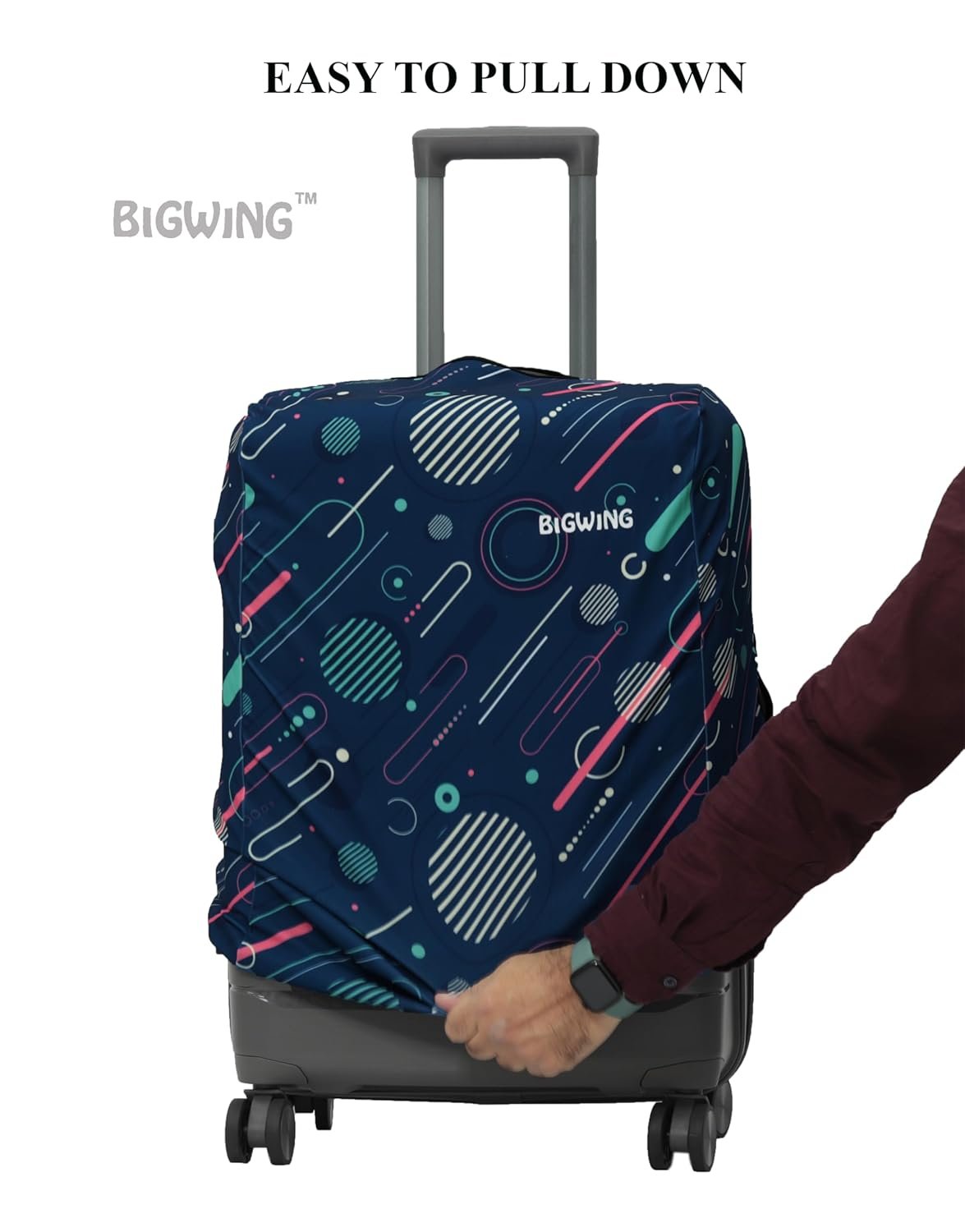 BIGWING Protective Cover in Polyester Fabric with Geometric Print for | 20' Inch 55 cm Small Size | Hard Luggage Trolley Bag Cover (Fits Only On Fiber - Plastic Trolley Bag) Navy Blue - Image 3