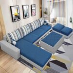 CASASTYLE Adona 8 Seater Fabric LHS Sectional L Shape Sofa Set with Centre Table & 2 Puffy (Dark Blue- Light Grey)