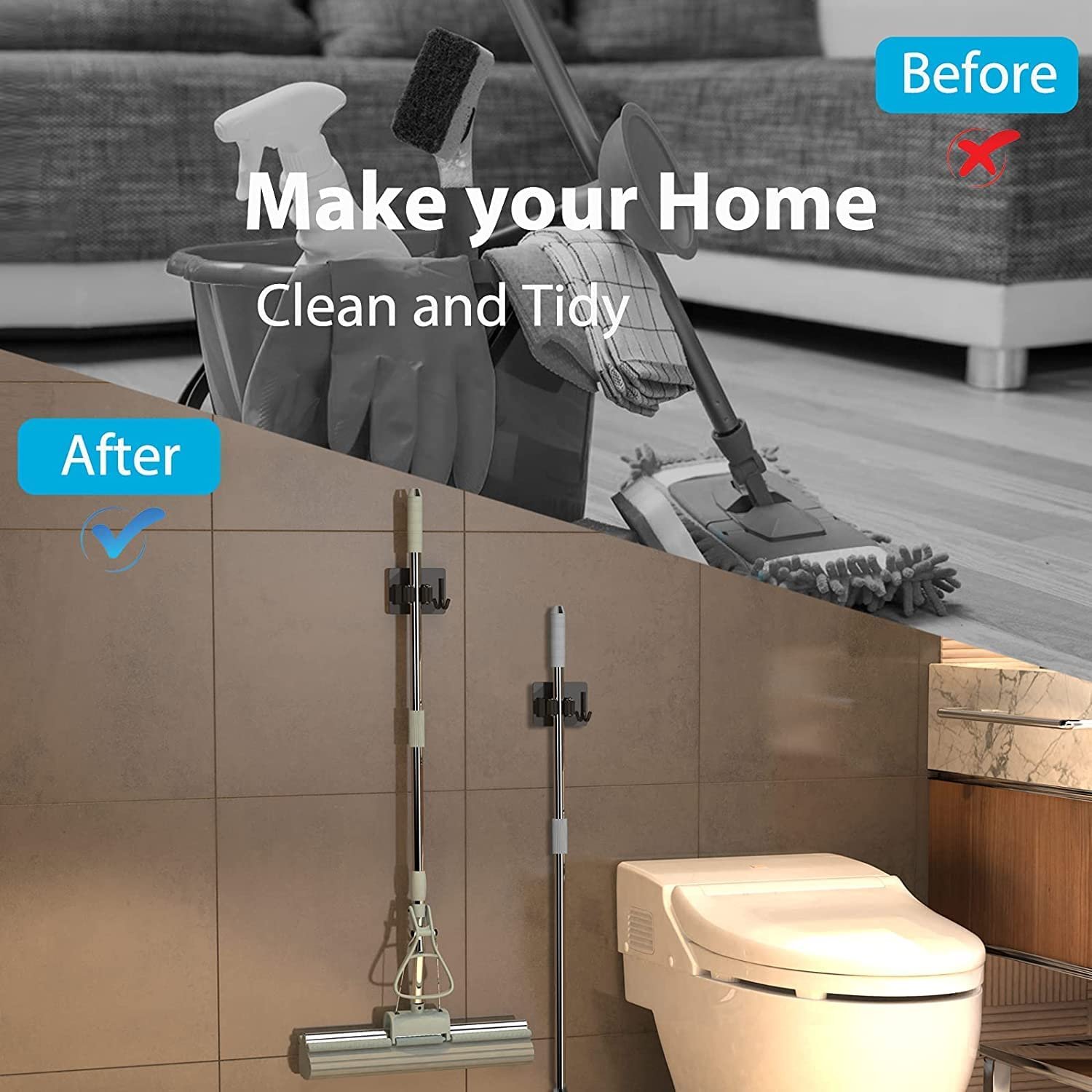 JIALTO 2 Pieces Stainless Steel Broom Holder with Hook - Wall-Mounted Adhesive Waterproof Rustproof Heavy Duty Broom and Mop Stick Holder for Home, Kitchen, - Image 7
