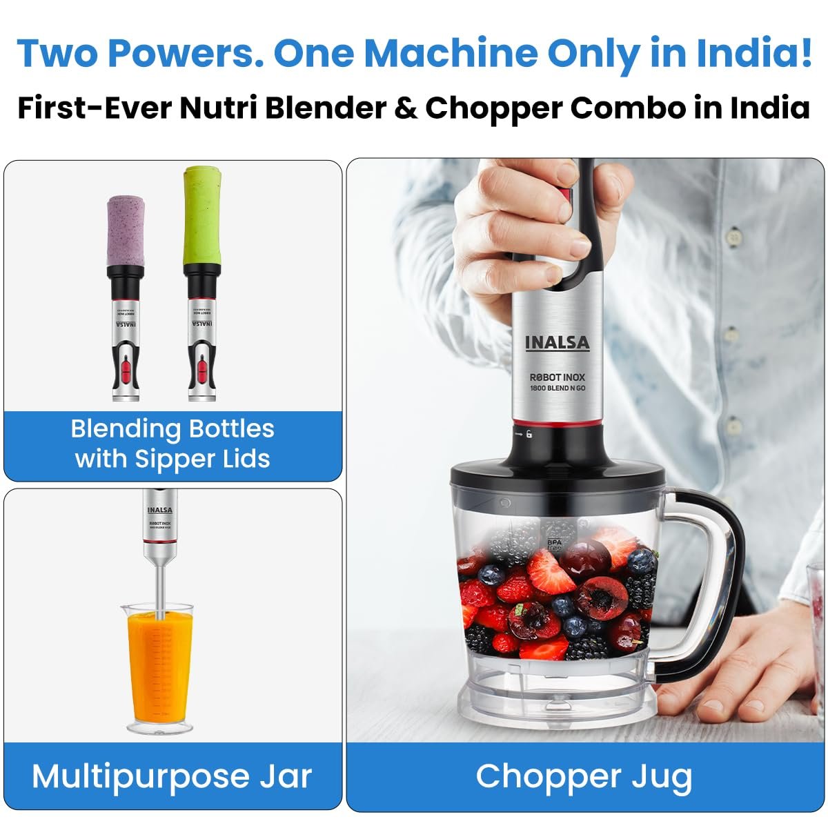 INALSA Hand Blender Mixer|1800W DC Motor|Chopping,Whisking,Frothing,Multipurpose Jar & 2Ready To Go Bottles|20 Speed Control With Turbo Speed|Stainless Steel Rod&Blades|2 Yr Warranty,1800 Blend N Go - Image 2