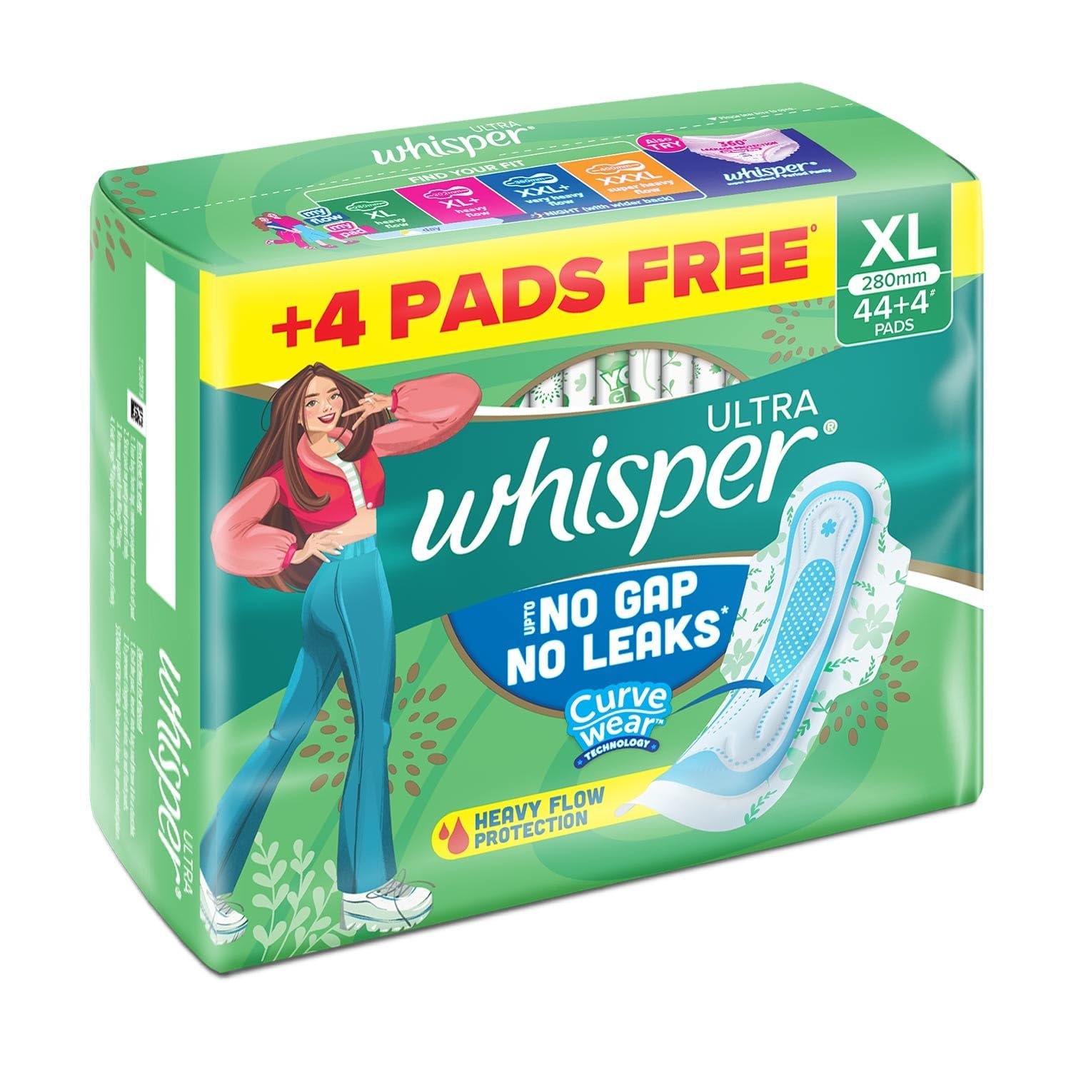 Whisper Ultra Upto No Gap No Leaks Sanitary Pads, 48 Xl Pads, For Heavy Flow Protection, With Curvewear ¢ Technology, Cotton Like Softness, Disposable Wrapper, Locks Odour & Wetness - Image 8
