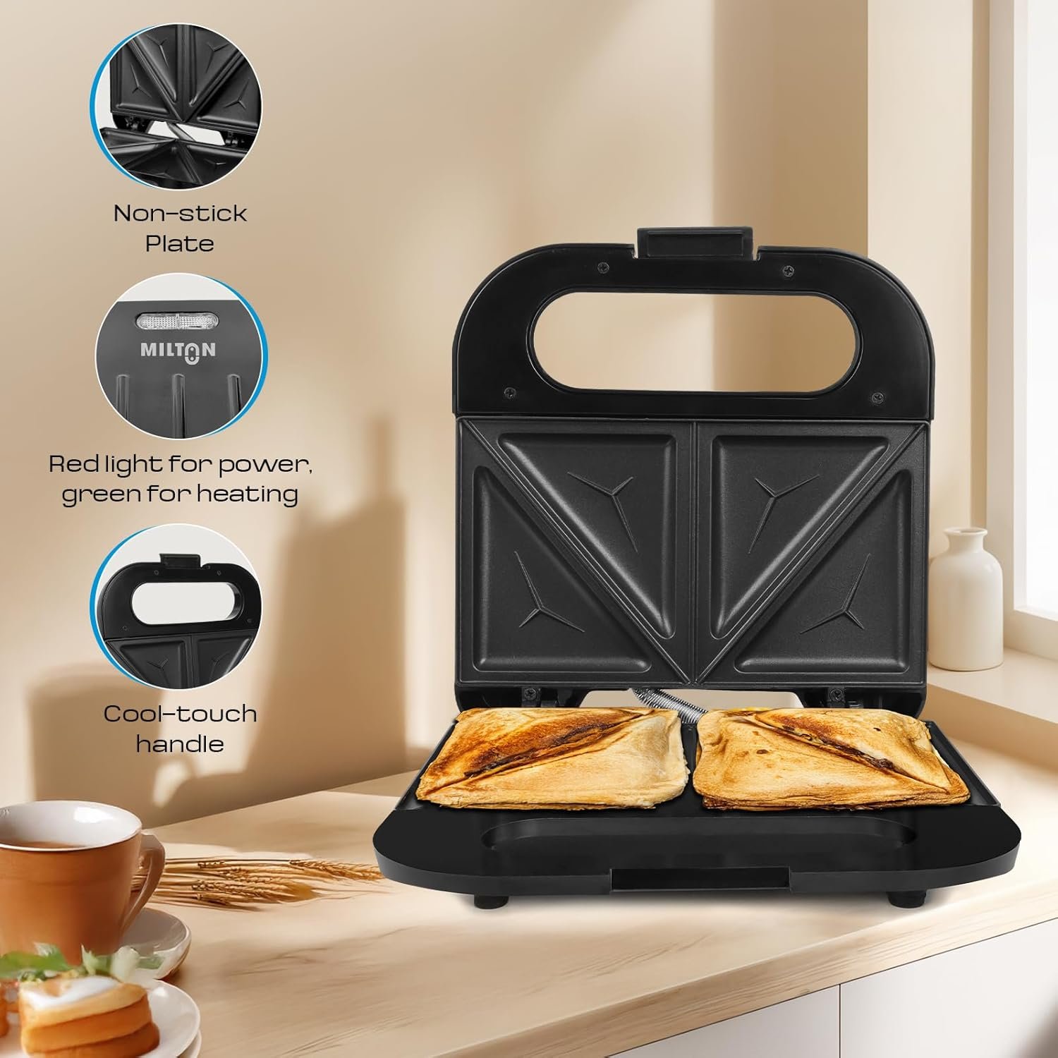 Milton Royal Express 800W Toaster Sandwich Maker | Auto Cut Off | Non-Stick Fixed Grill Plates | Easy Clean | Power Indicators | 1 year Manufacturer Warranty - Black - Image 5