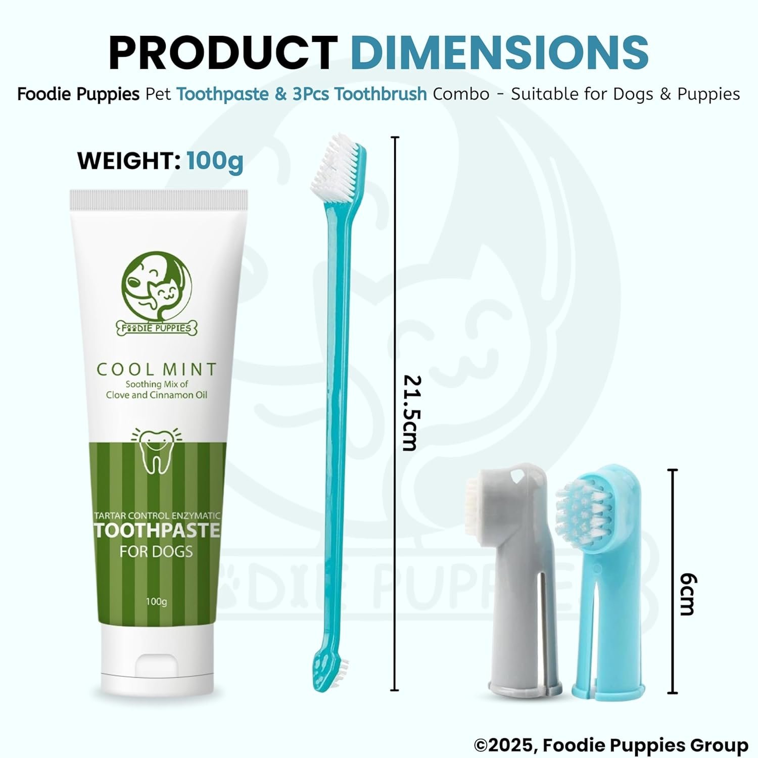 Foodie Puppies Pet Dental Oral Care Kit Combo - (Coolmint Toothpaste- 100g + 3Pcs Toothbrush) for Dogs | Soothes Inflame Gums, Remove Bad Breath, and Mix of Clove & Cinnamon Oil for Dogs and Puppies - Image 2