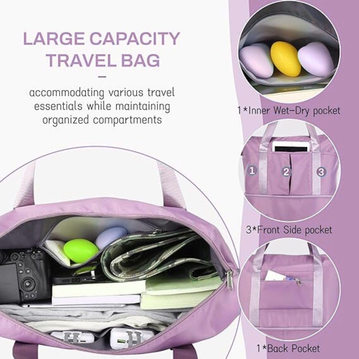 Wazdorf Duffle Bags for Travelling– Foldable Travel Bag with Wheels | Expandable Trolley Luggage for Men & Women | Convertible Carry-On with Strap | Duffle Bags for Men 360° Wheels (Purple) - Image 4