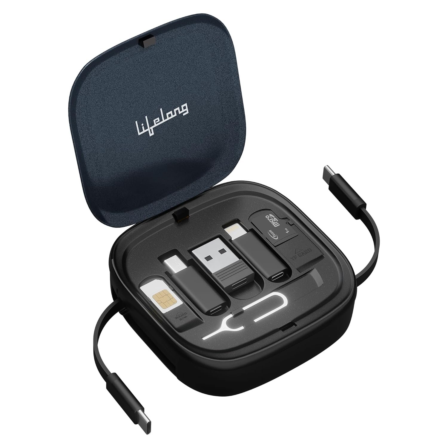 Lifelong Electronics 60W All-in-One Multifunctional Cable Kit | Fast Charging & Data Transfer | Retractable Cable with USB A & C Convertor, Micro/Lightning Connector, Sim Storage & Ejector Accessories - Image 2