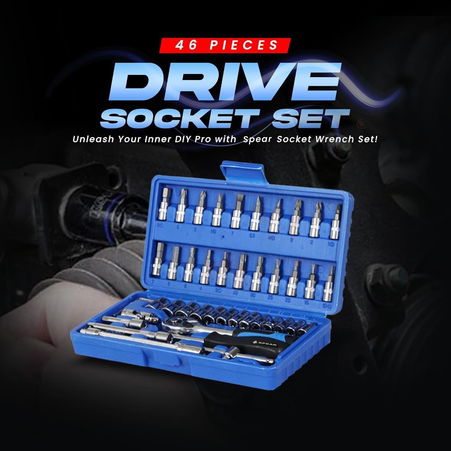 AEGON SPEAR SA46 Heavy Duty 1/4" Combinational 46 Pcs Chrome Vanadium Ratchet Socket Wrench Hand Tool Kit Set For Repairing Work, DIY, Auto Repairs Car & Bike - Image 8
