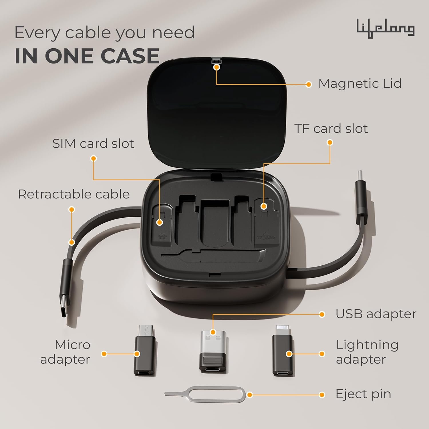 Lifelong Electronics 60W All-in-One Multifunctional Cable Kit | Fast Charging & Data Transfer | Retractable Cable with USB A & C Convertor, Micro/Lightning Connector, Sim Storage & Ejector Accessories - Image 3