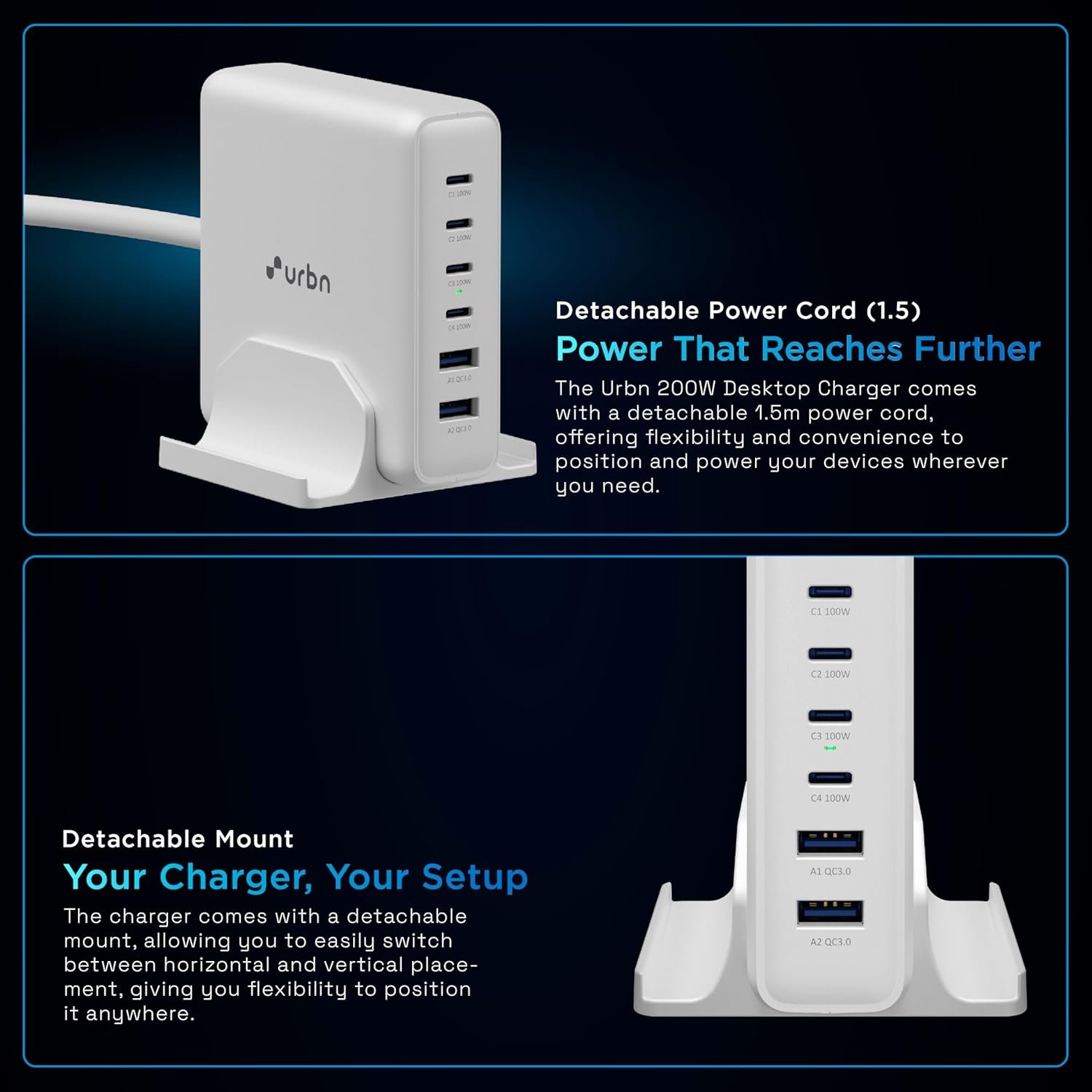 URBN 200W GaN Power Hub | 6-Port Desktop Charger (4 USB-C + 2 USB-A) | QC, PD & PPS Compatible | Super Fast Charging 2.0 | 12-Layer Protection | 1.5M Power Cord for Laptop, iPhone, Samsung, MacBook - Image 10