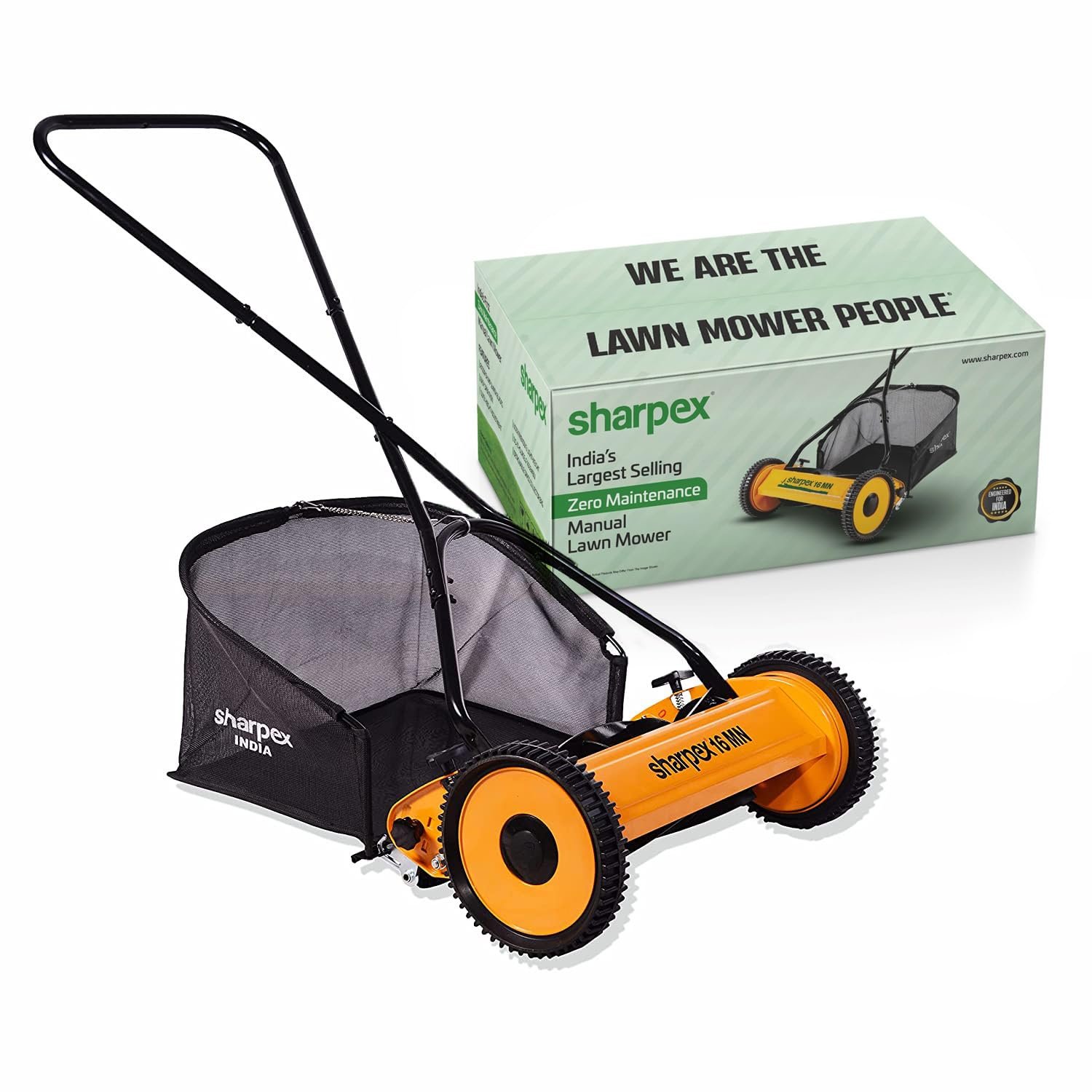 Sharpex Push Manual Lawn Mower with Grass Catcher | 16-Inch Reel Classic Grass Cutter with Metal Gear and 5-Position Height Adjustment for Home Garden | Not Recommended for Carpet Lawn (Yellow) - Image 2