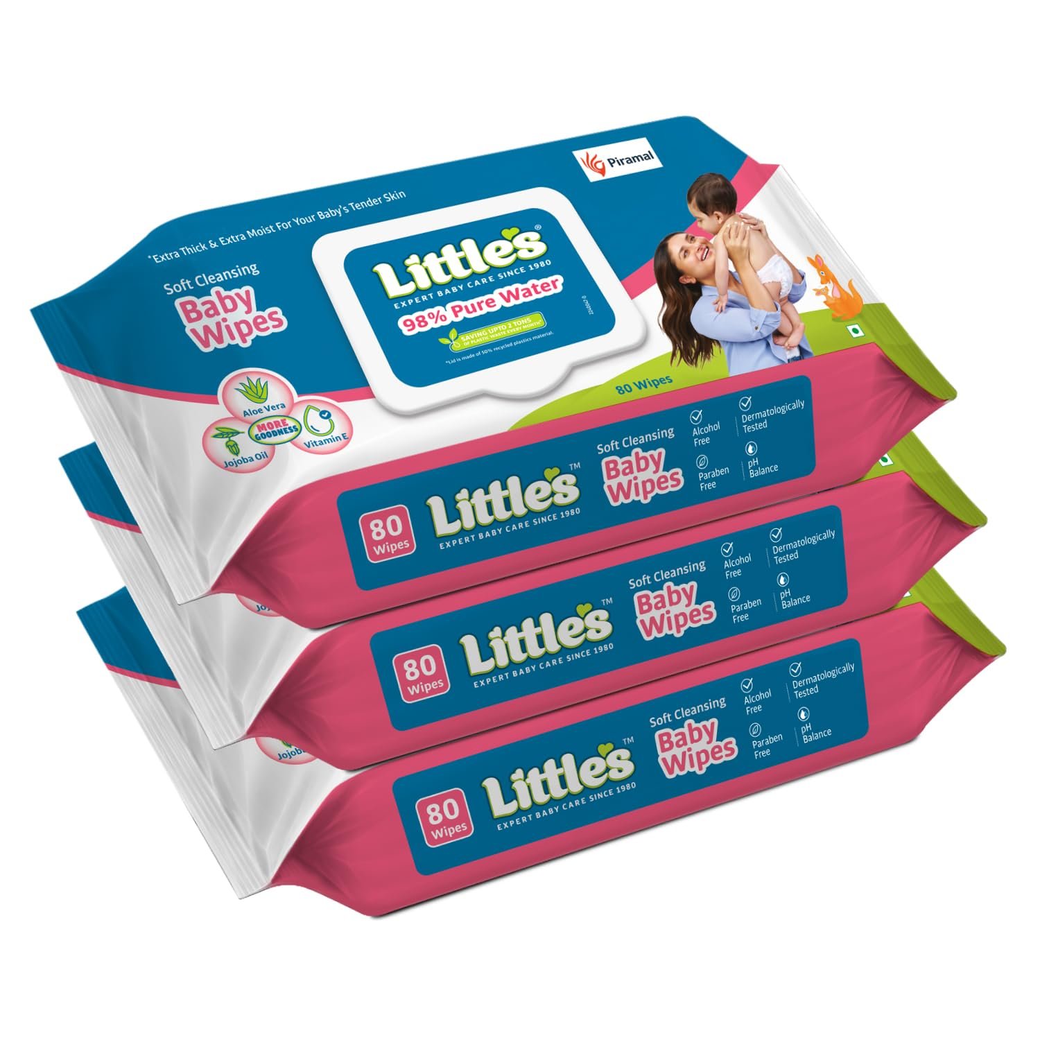 Little's Soft Cleansing Baby Wipes with Lid | 80 Wipes x Pack of 3 - 240 Wipes | Extra Thick & Moist Wet Wipes for Baby's | Prevents Rashes & Redness with Goodness of Aloe Vera, Vitamin E & Jojoba Oil