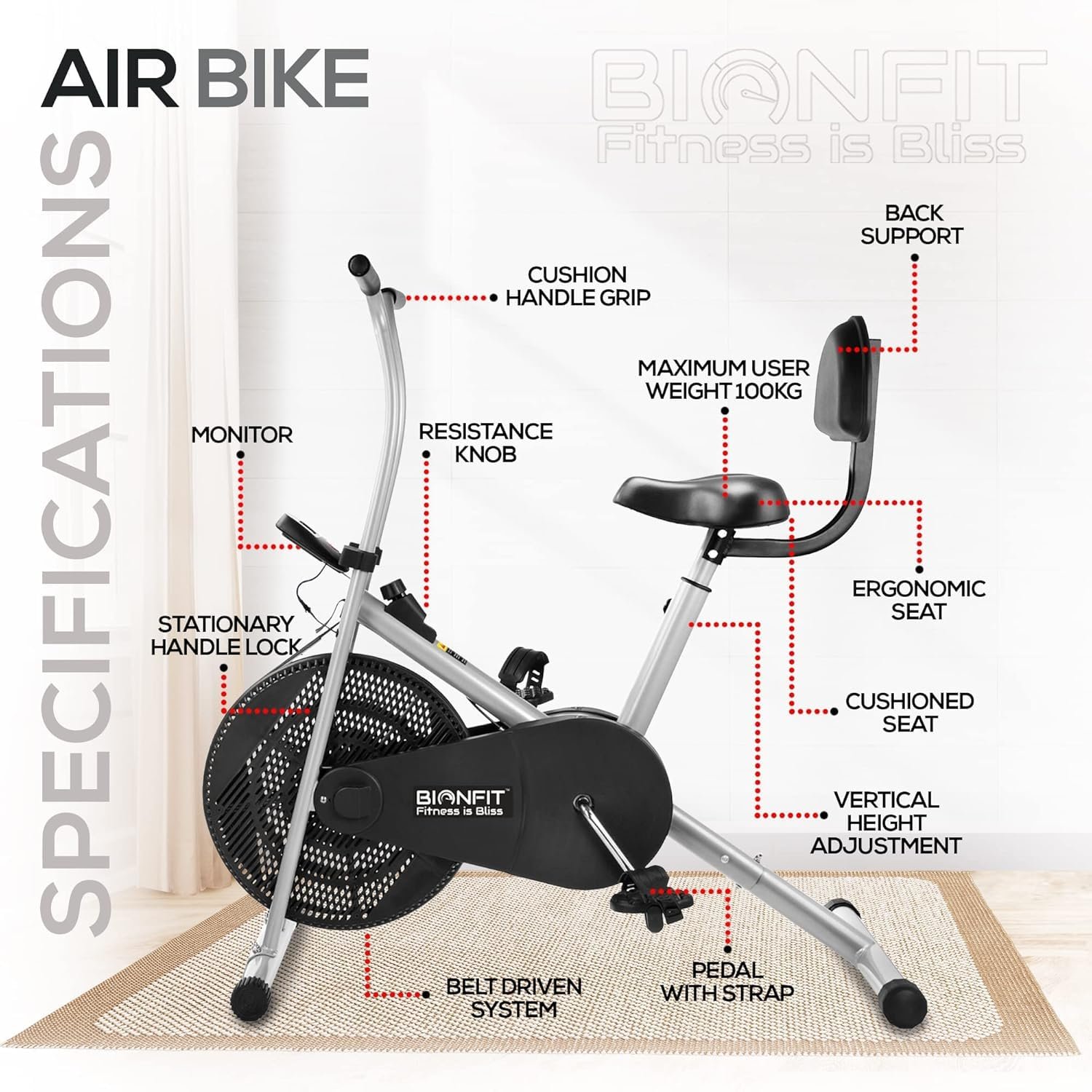 BIONFIT Exercise Cycle for Home Gym Fitness | Fixed Handle Air Bike for Women, Cardio Exercise with Back Support Seat, Max Weight: 120 Kg | For Free Installation, Contact Bionfit Customer Care - Image 2