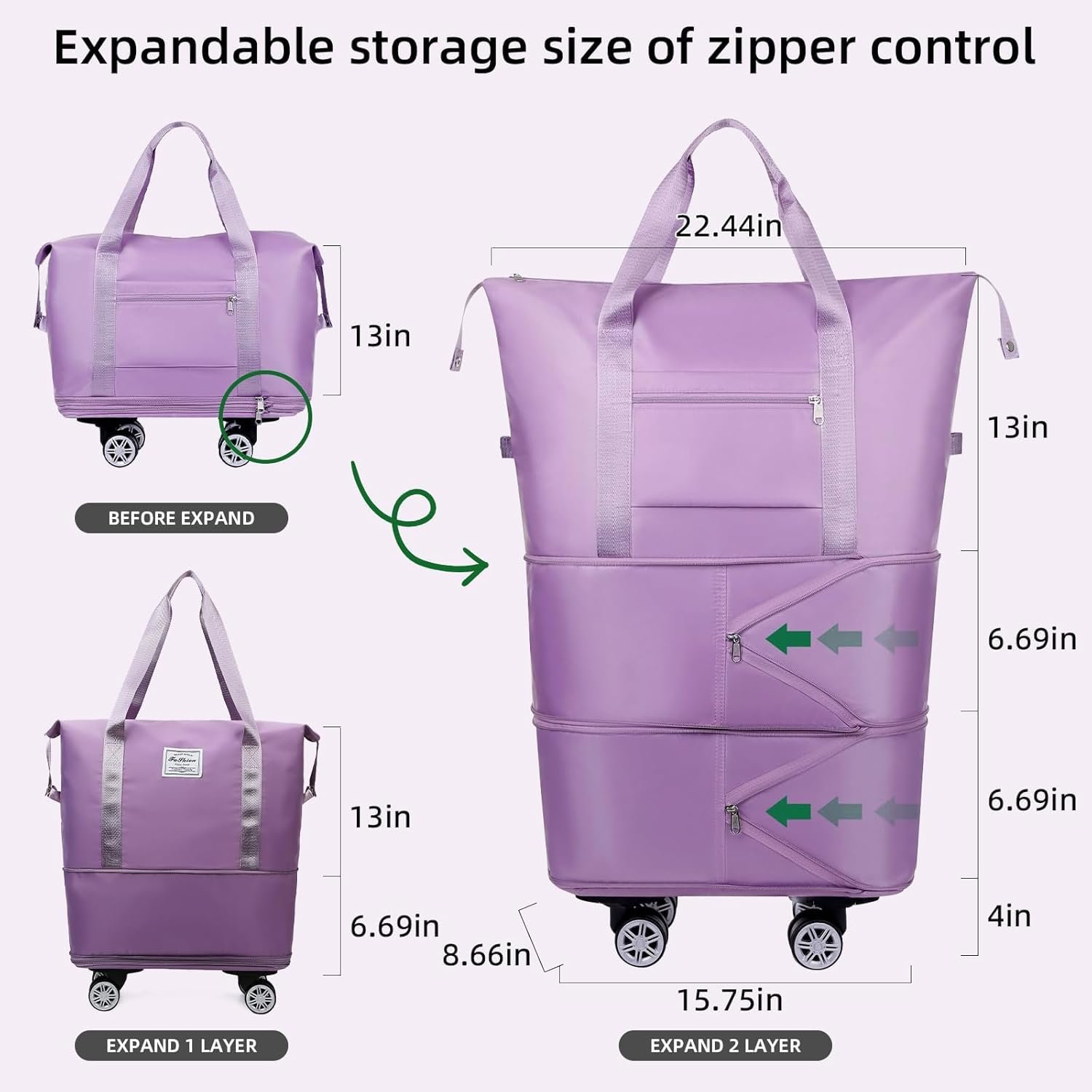 Wazdorf Duffle Bags for Travelling– Foldable Travel Bag with Wheels | Expandable Trolley Luggage for Men & Women | Convertible Carry-On with Strap | Duffle Bags for Men 360° Wheels (Purple) - Image 5