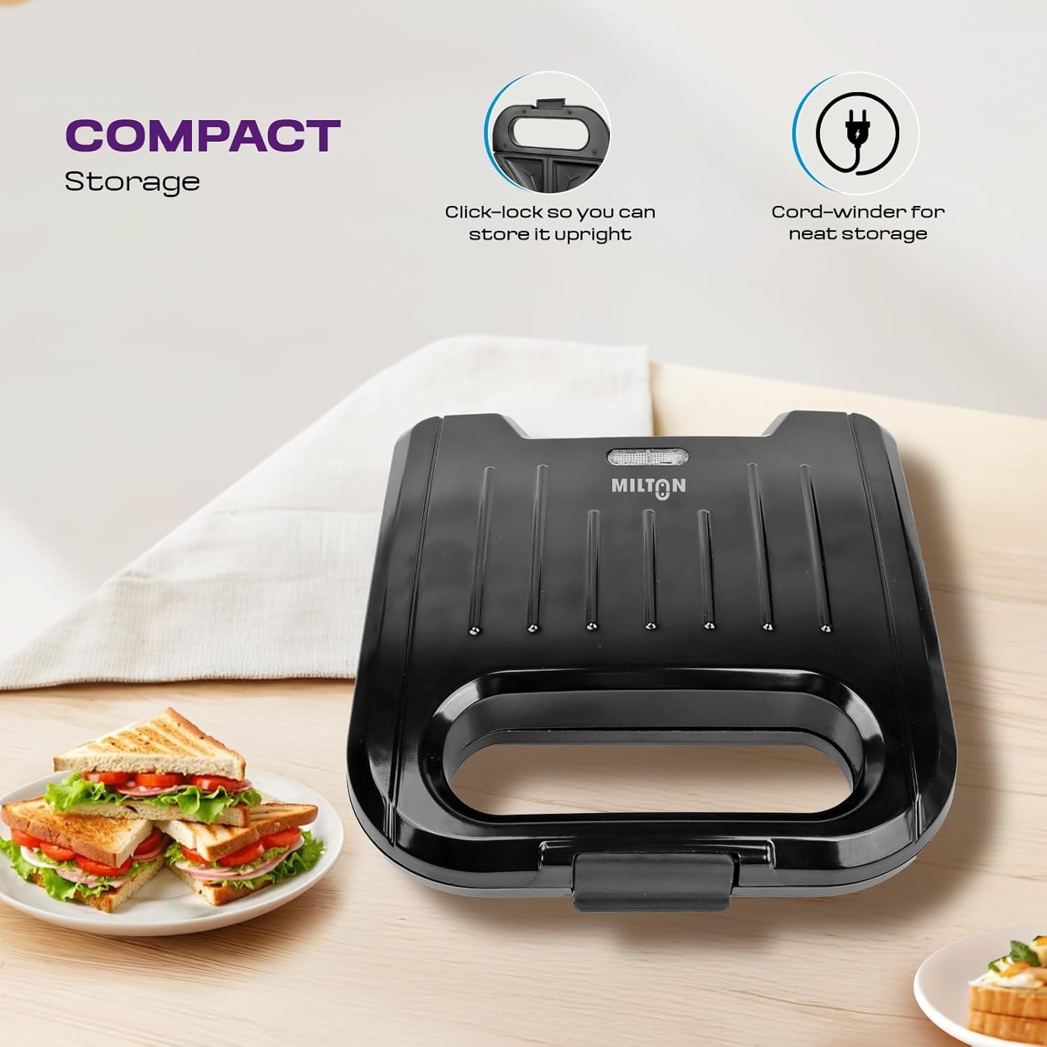 Milton Royal Express 800W Toaster Sandwich Maker | Auto Cut Off | Non-Stick Fixed Grill Plates | Easy Clean | Power Indicators | 1 year Manufacturer Warranty - Black - Image 4