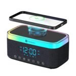 Portronics Trifusion 16W HD Sound Bluetooth Speaker with 15W Wireless Charging, 360°RGB LED Lights, Digital Clock with Alarm Setting, Built-in White Noise, USB/SD Card/AUX in, Type C Charging(Black)
