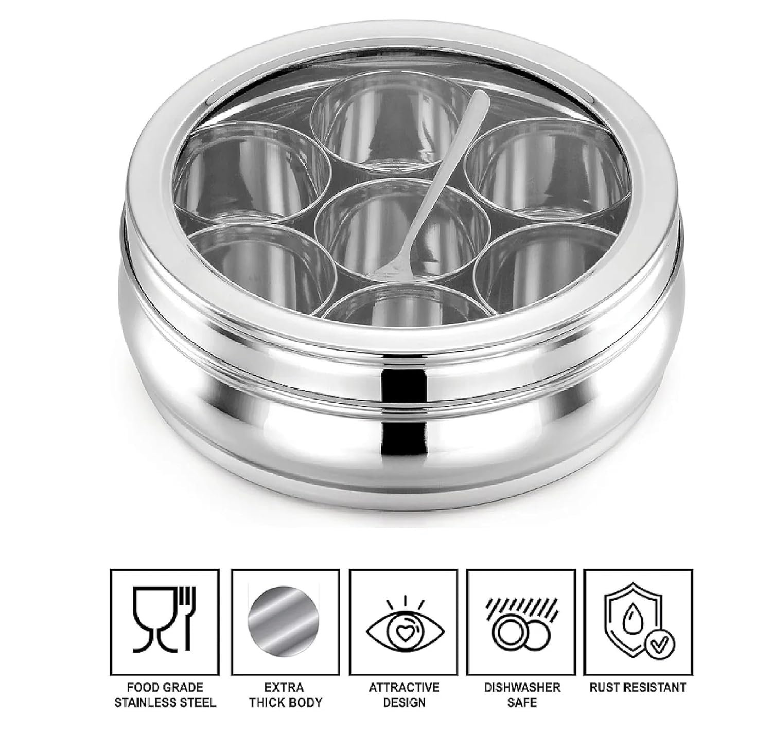 ATROCK Masala Dabba | Masala Box Stainless Steel For Kitchen | Masala Dani | Spice Storage Container (Glass Lid, 1200Ml), Silver - Image 5