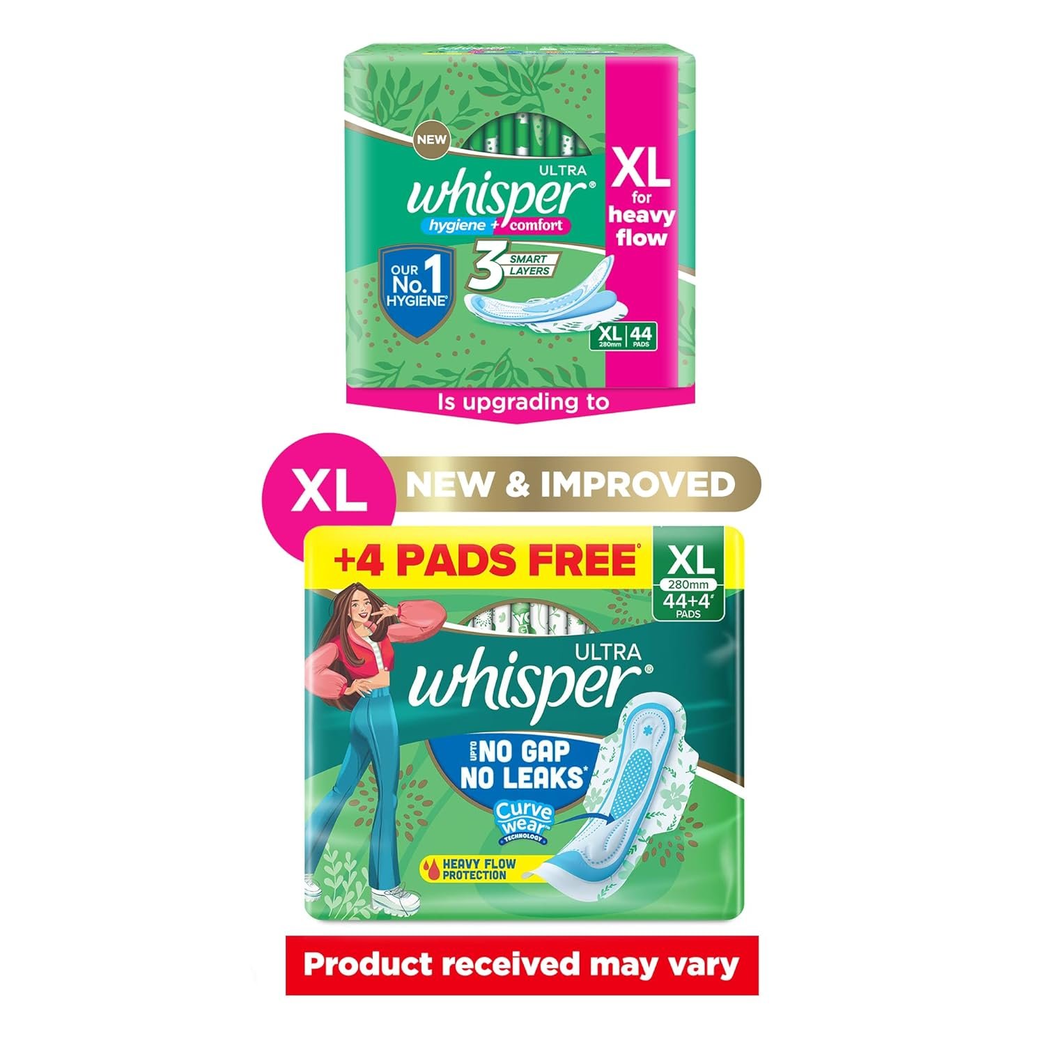 Whisper Ultra Upto No Gap No Leaks Sanitary Pads, 48 Xl Pads, For Heavy Flow Protection, With Curvewear ¢ Technology, Cotton Like Softness, Disposable Wrapper, Locks Odour & Wetness - Image 2