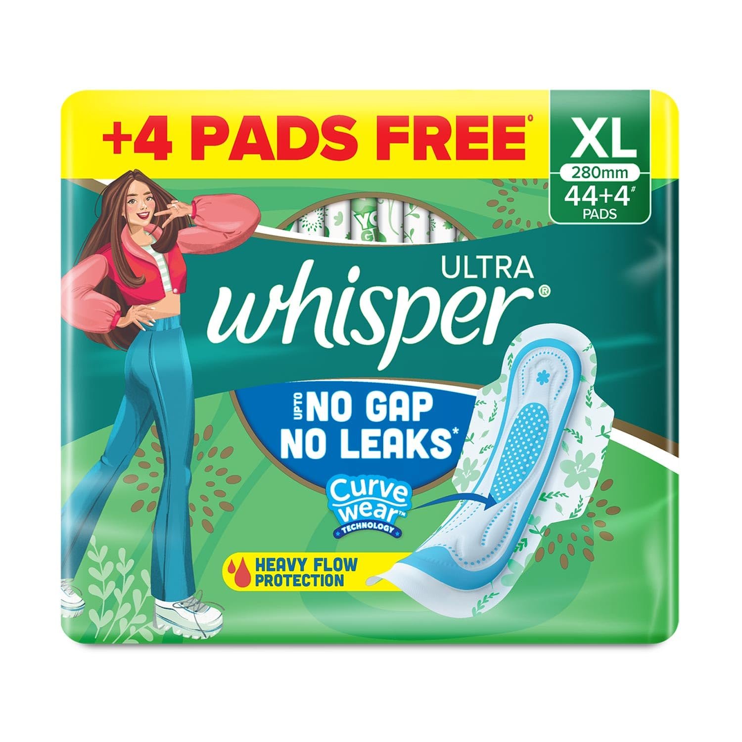 Whisper Ultra Upto No Gap No Leaks Sanitary Pads, 48 Xl Pads, For Heavy Flow Protection, With Curvewear ¢ Technology, Cotton Like Softness, Disposable Wrapper, Locks Odour & Wetness - Image 7