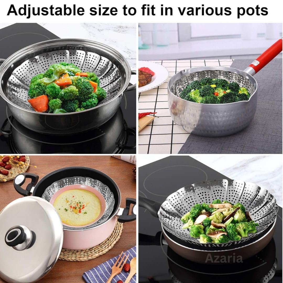 Azaria Vegetable Steamer Basket - Premium Stainless Steel Steamer for Kitchen | Momos Maker Steamer | Folding Expandable Steamer for Vegetables | Vegetable Steamer for Cooking - Image 3