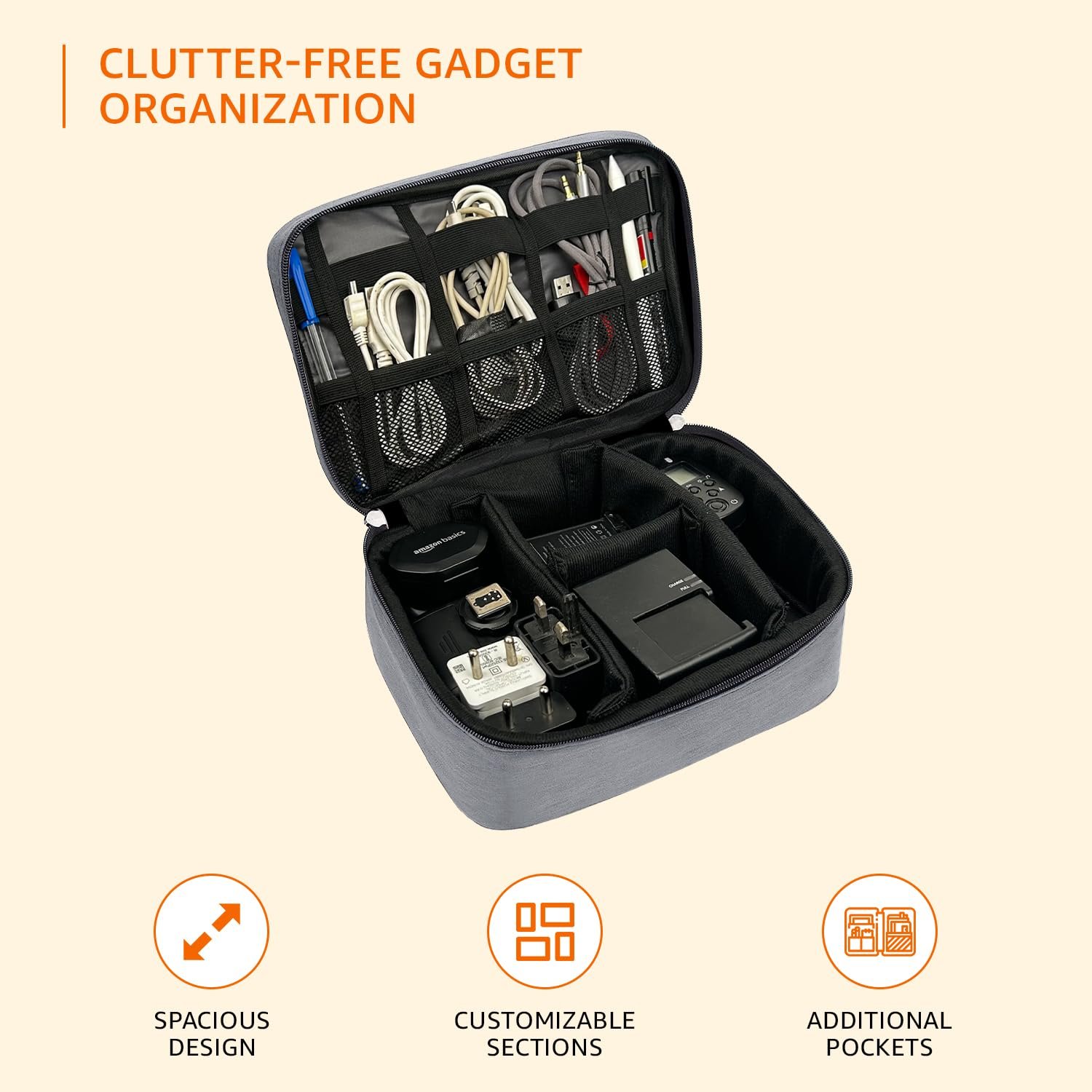 amazon basics Travel Organiser for Electronic Accessories, Flexible Padded Dividers, Waterproof, Foam Padding, for Cables, Chargers, Hard Disk, Power Bank (Grey) - Image 2