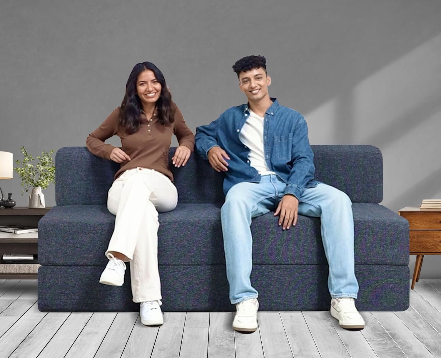 uberlyfe 3 Seater Sofa Cum Bed | 1 Year Warranty | Foldable Sofacum Bed | 15" Sofa Height| 2 Cushions Zigzag Pattern |Jute Finish Fabric, Dark Grey | 6' X 6' Feet - Image 3