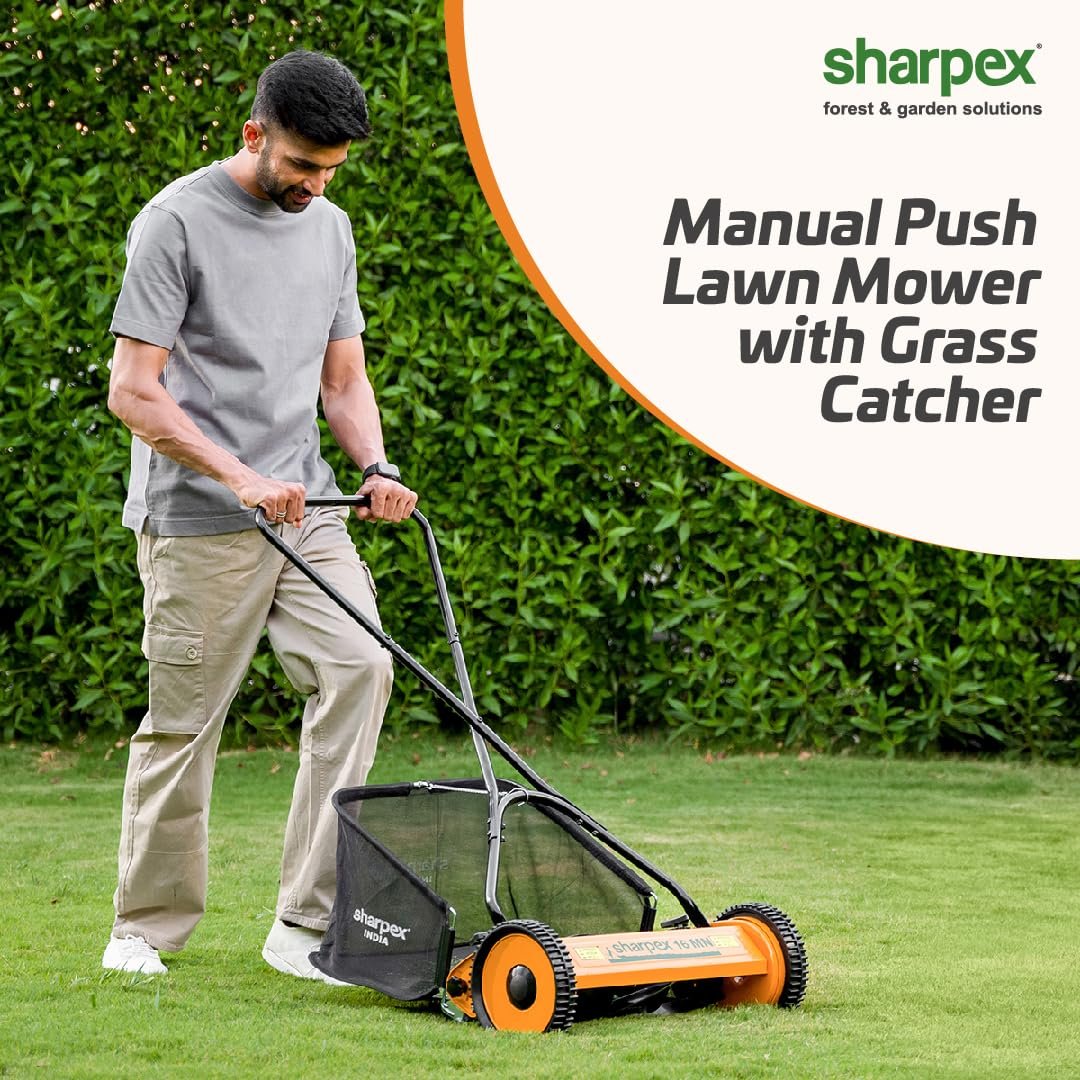 Sharpex Push Manual Lawn Mower with Grass Catcher | 16-Inch Reel Classic Grass Cutter with Metal Gear and 5-Position Height Adjustment for Home Garden | Not Recommended for Carpet Lawn (Yellow) - Image 3